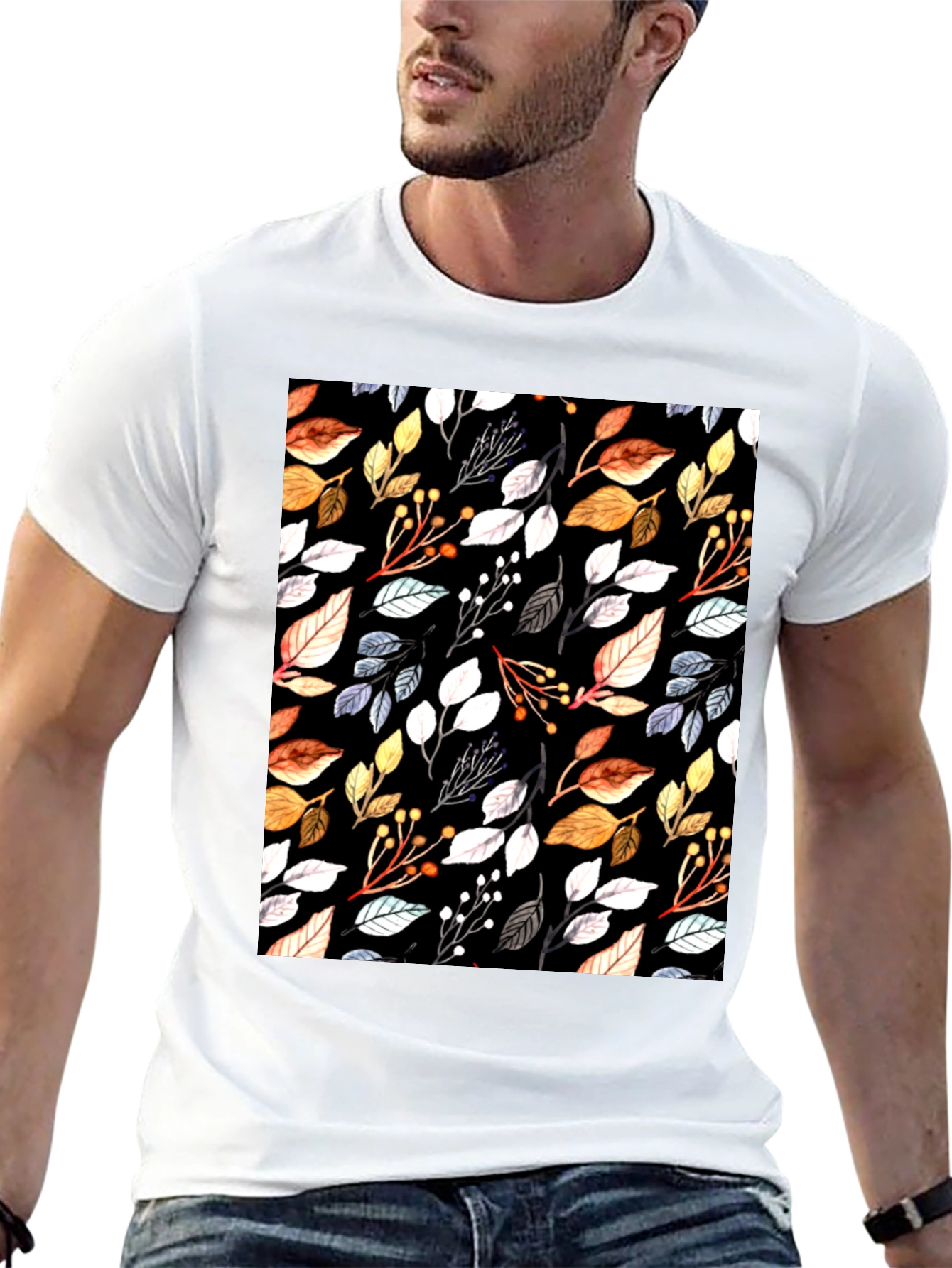 Black Autumn Leaf Print Black T-Shirt view 13