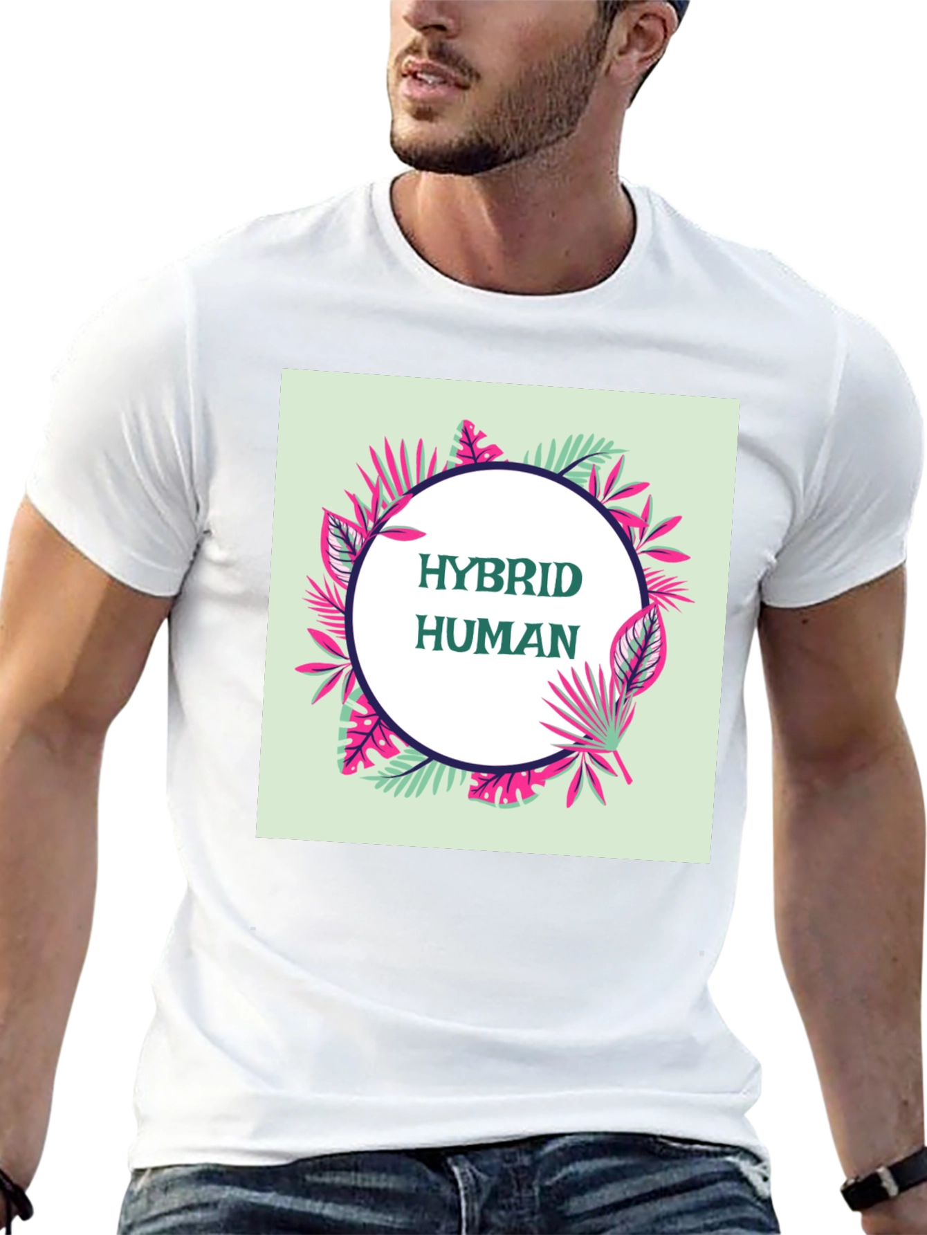 Black Hybrid Human Graphic Tee - Tropical Leaf Design view 13