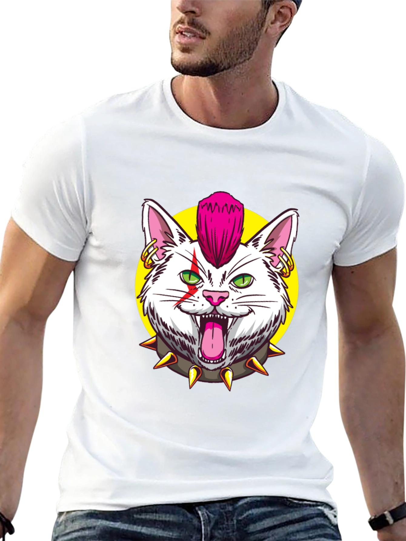 Black Punk Rock Cat Graphic Black T-Shirt view 13