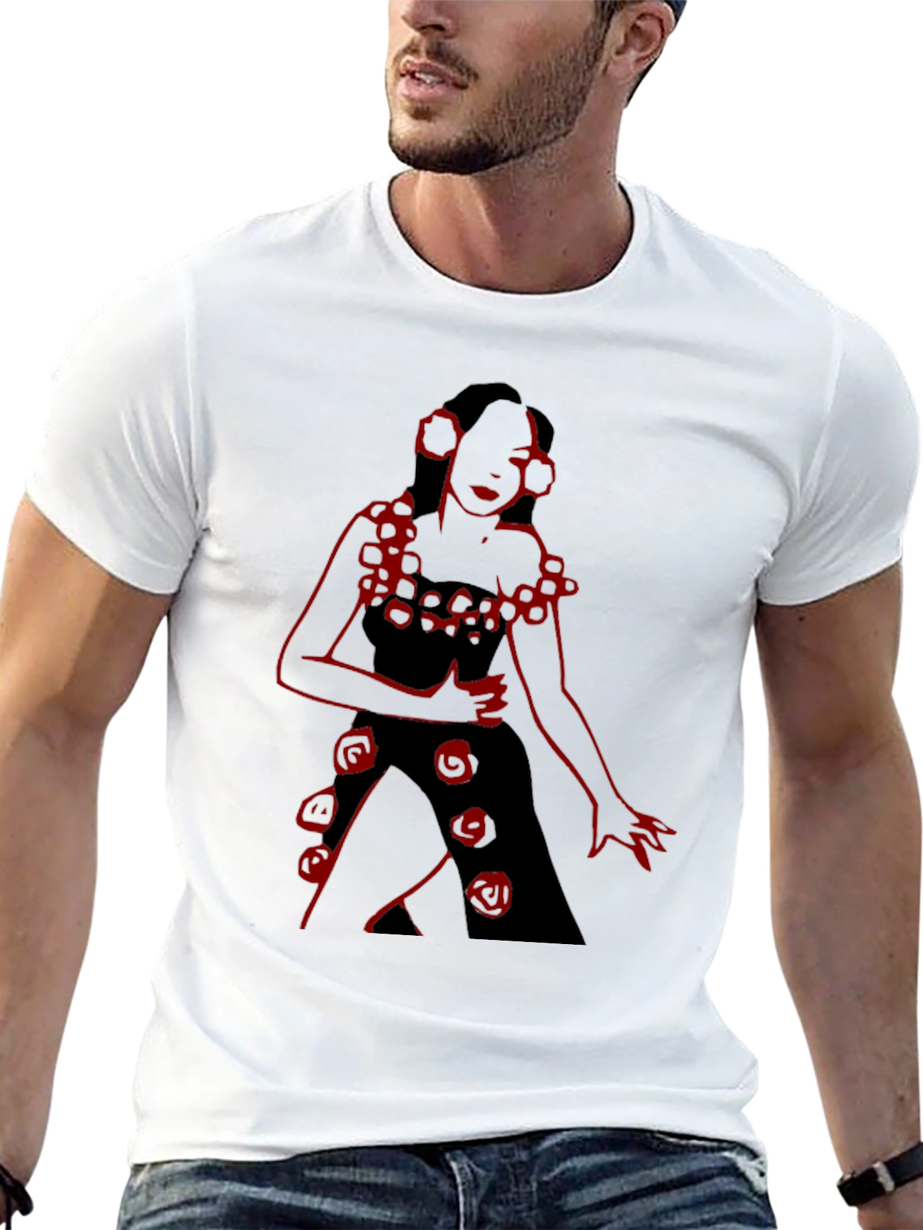 Black Unique Black T-Shirt with Red Rose Lady Design view 13