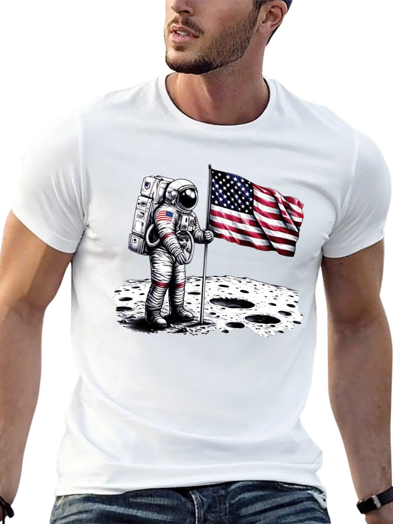 Black Astronaut American Flag T-Shirt - Moon Landing view 13