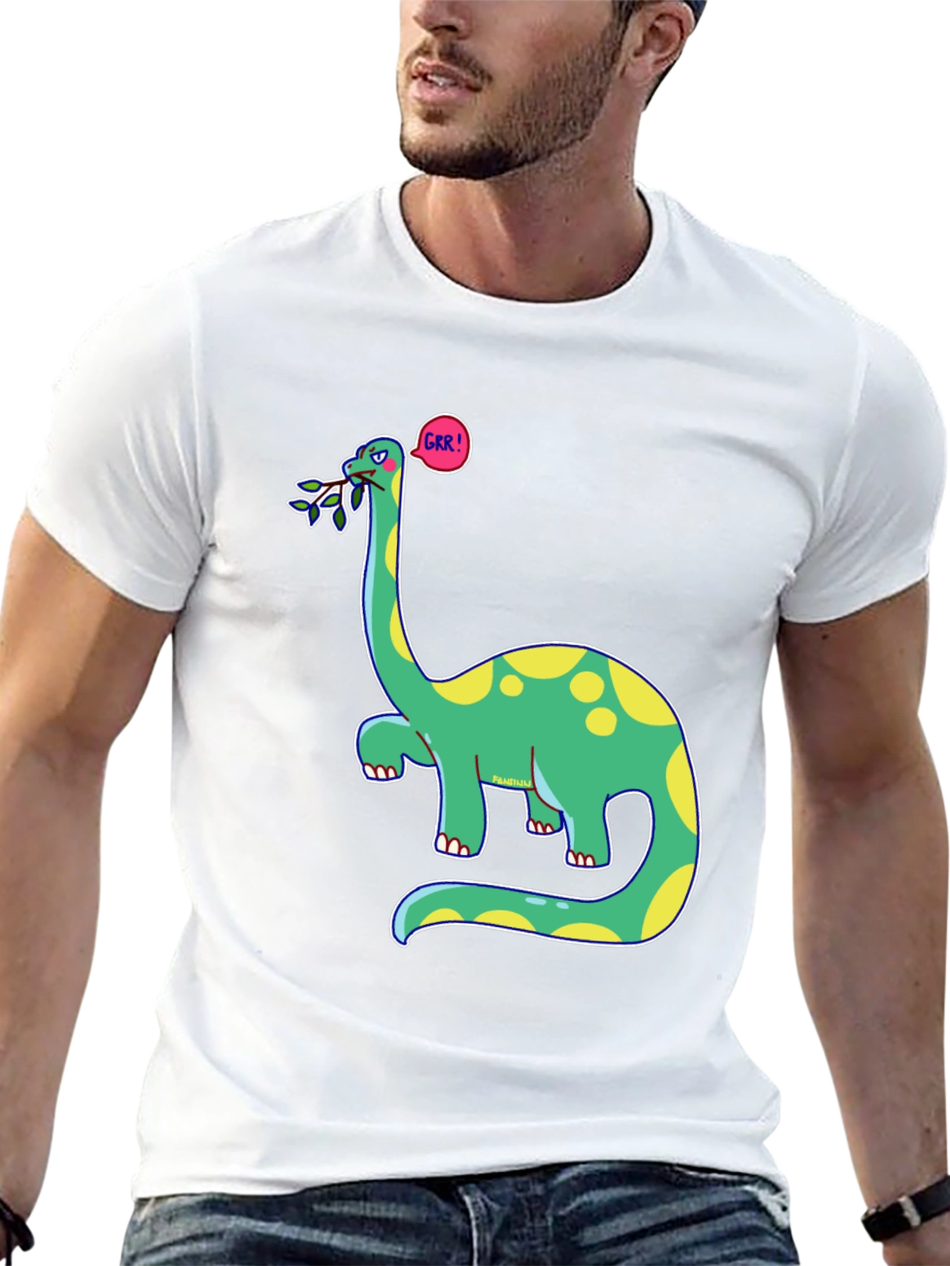 Black Dino GRR! Black T-Shirt - Cartoon Brontosaurus Tee view 13