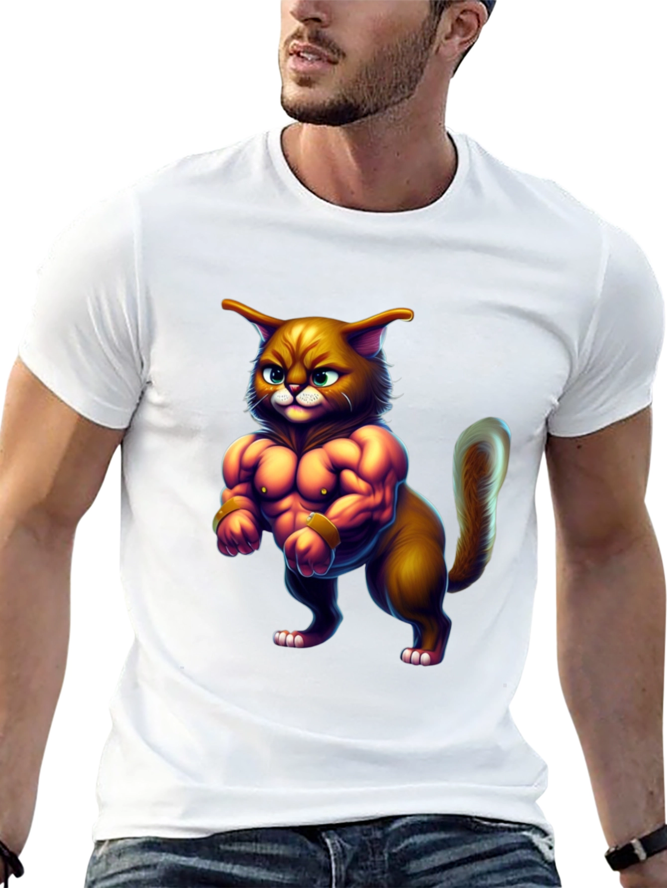 Black Buff Cat Graphic Tee - Funny Gym Cat T-Shirt view 13