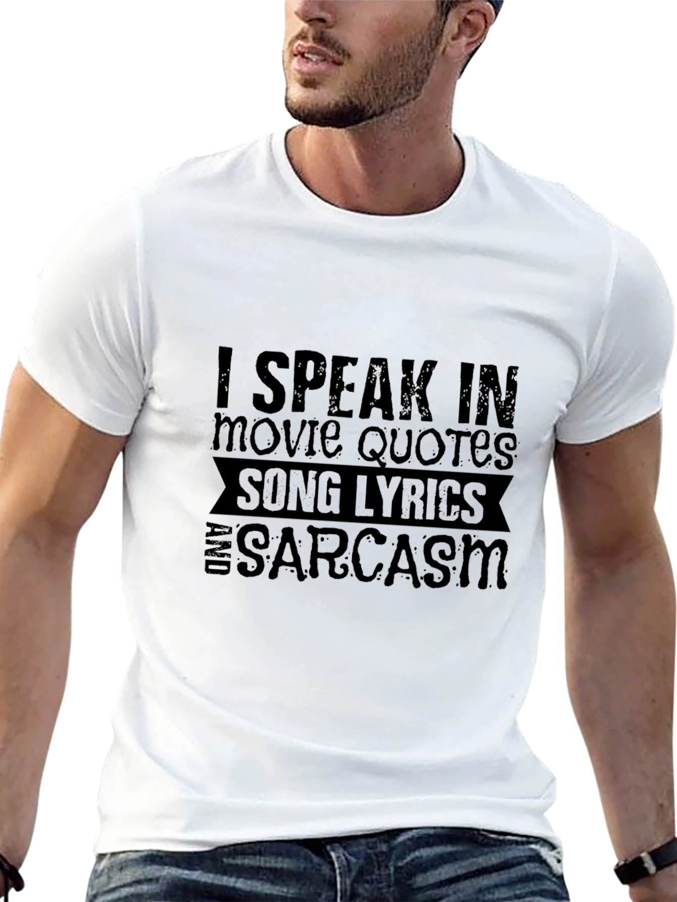 Black Humorous "I Speak in Movie Quotes" Black Graphic Tee view 13