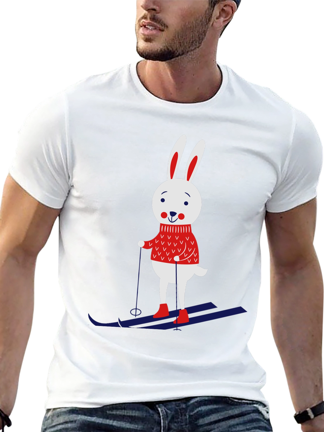 Black Skiing Rabbit Graphic Tee - Black Cotton T-Shirt view 13