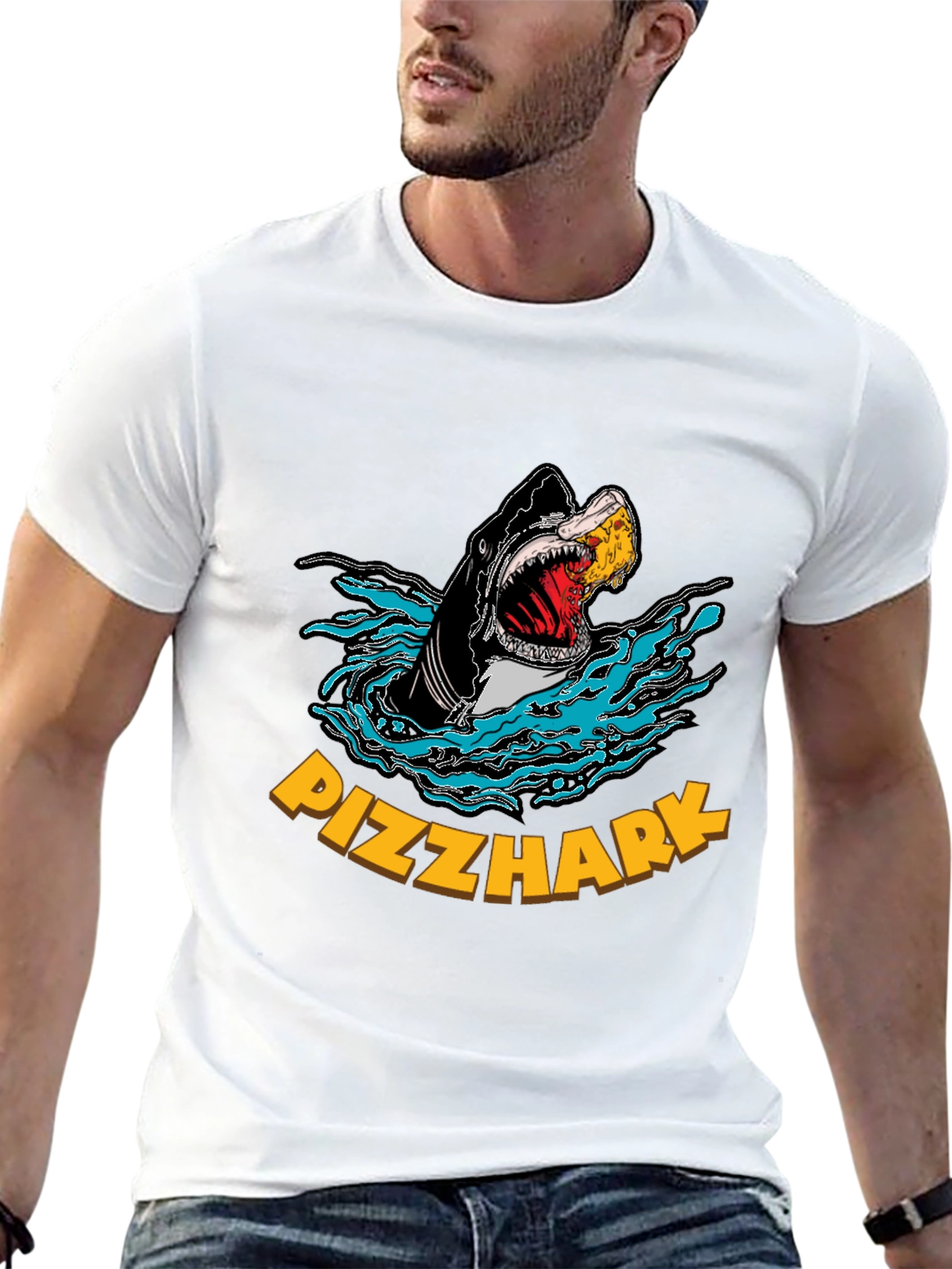 Black Pizza Shark Graphic T-Shirt - Funny Tee view 13