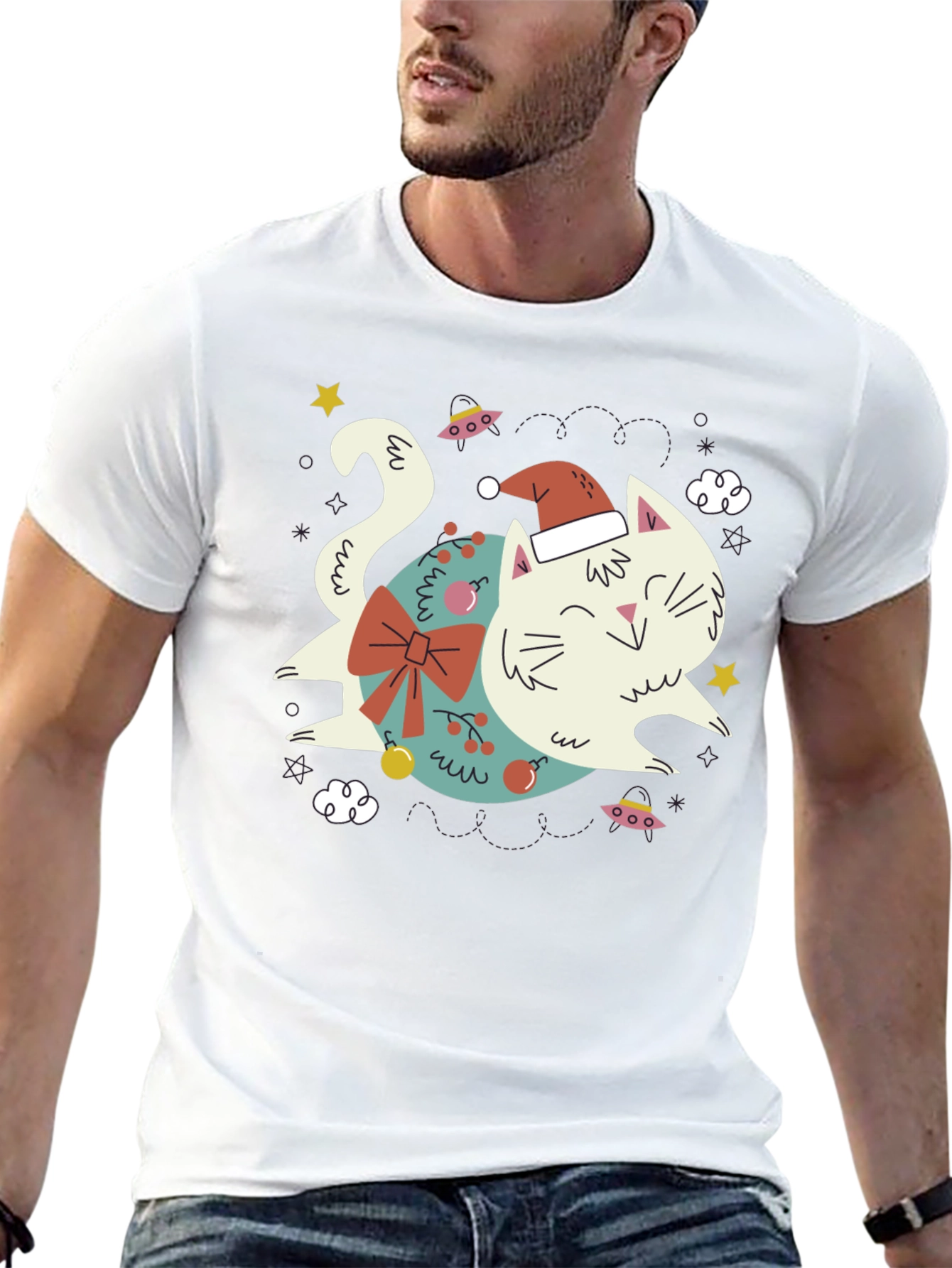 Black Festive Cat T-Shirt - Holiday Graphic Tee view 13