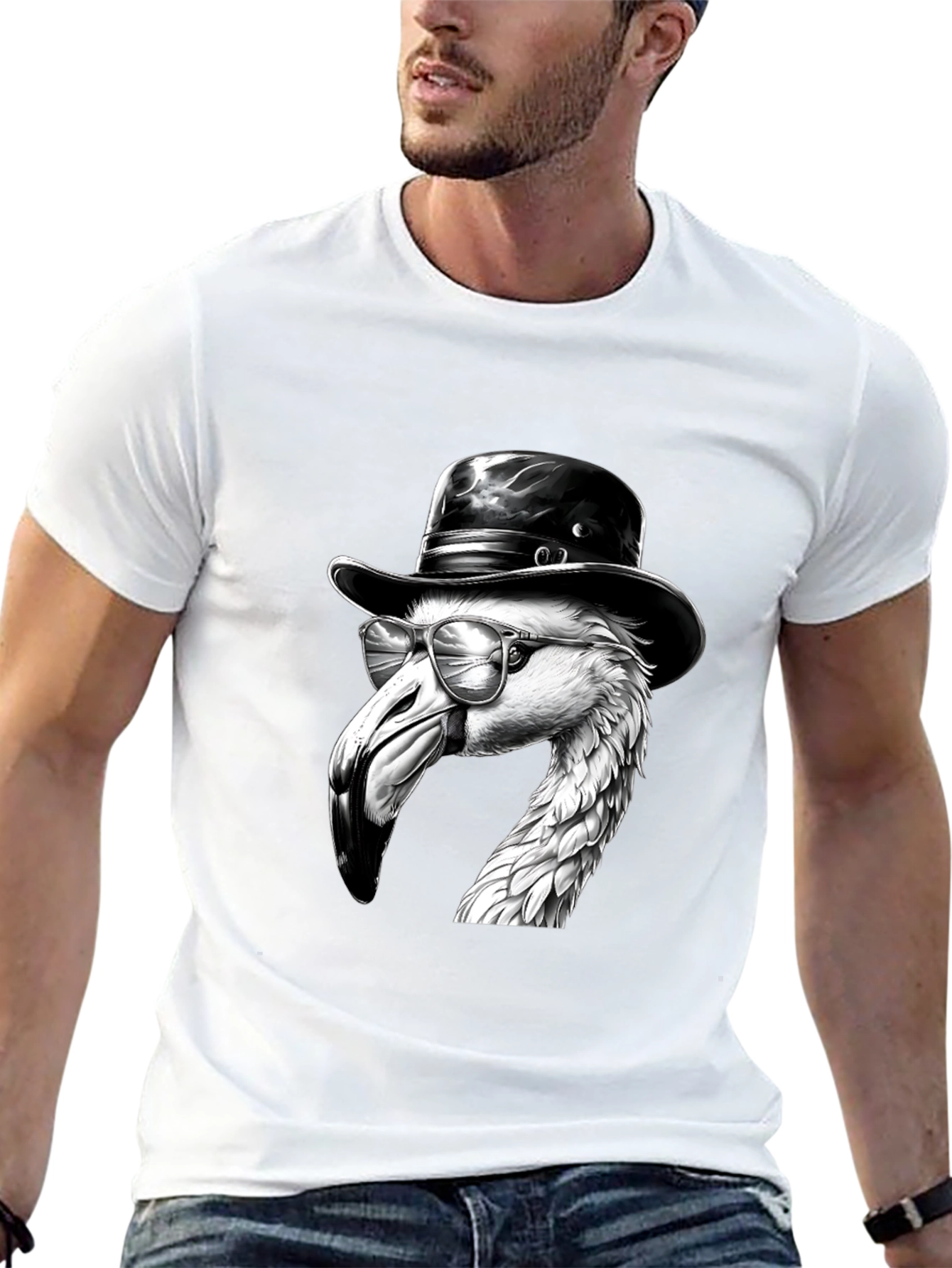 Black Flamingo Fedora Tee - Cool Bird Graphic T-Shirt view 13