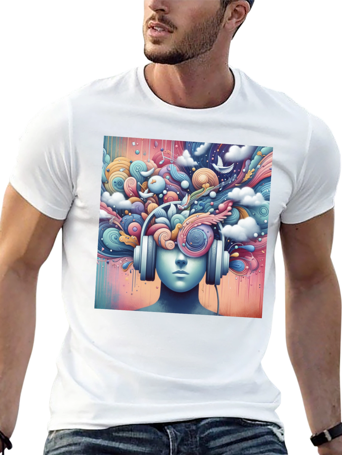 Black Mindful Music Tee - Artistic Headphone Design view 13