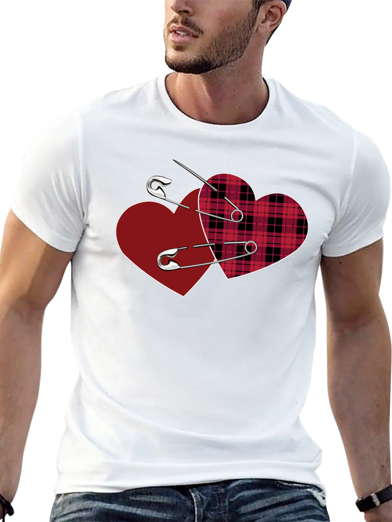 Black Safety Pin Hearts Graphic Tee - Edgy Valentine's Style view 13