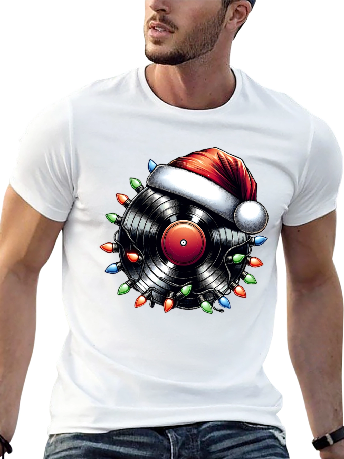Black Festive Vinyl Record Santa Hat T-Shirt view 13