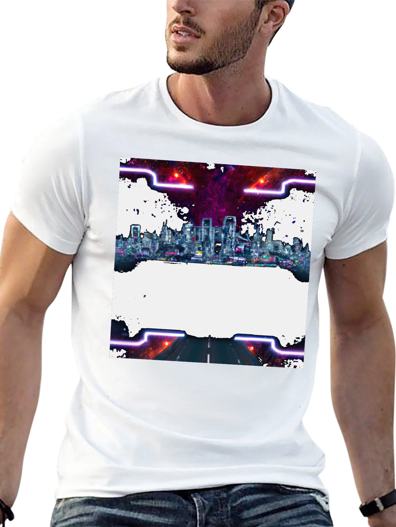 Black Cyberpunk Cityscape Graphic Tee - Black Crew Neck view 13