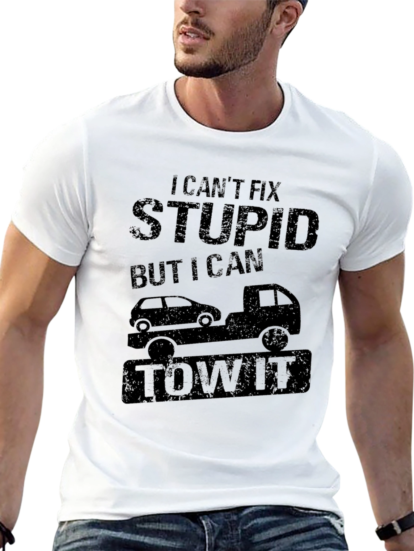 Black Funny "I Can't Fix Stupid" Tow Truck T-Shirt view 13