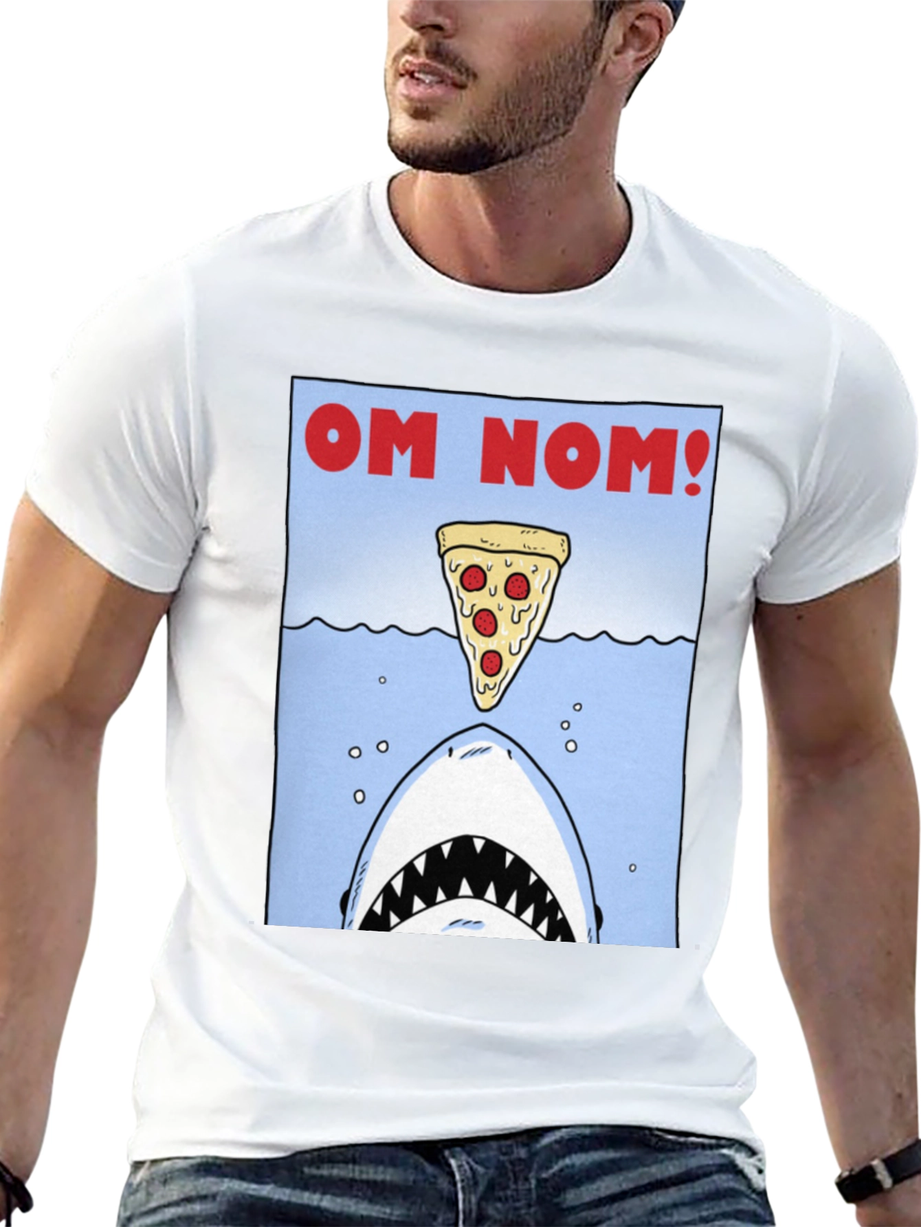 Black Om Nom Pizza Shark T-Shirt - Funny Foodie Tee view 13