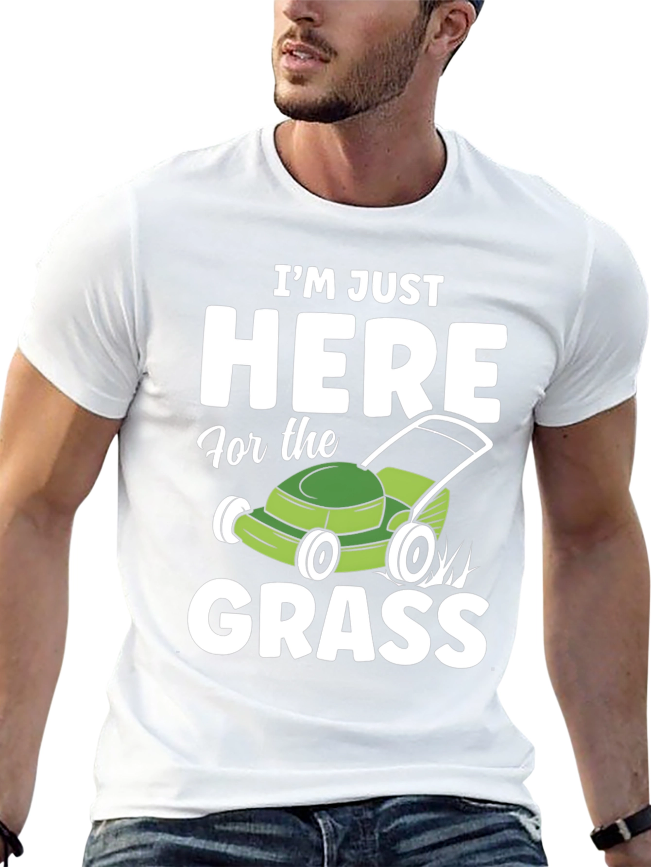 Black Funny "Here for the Grass" Lawn Mowing T-Shirt view 13