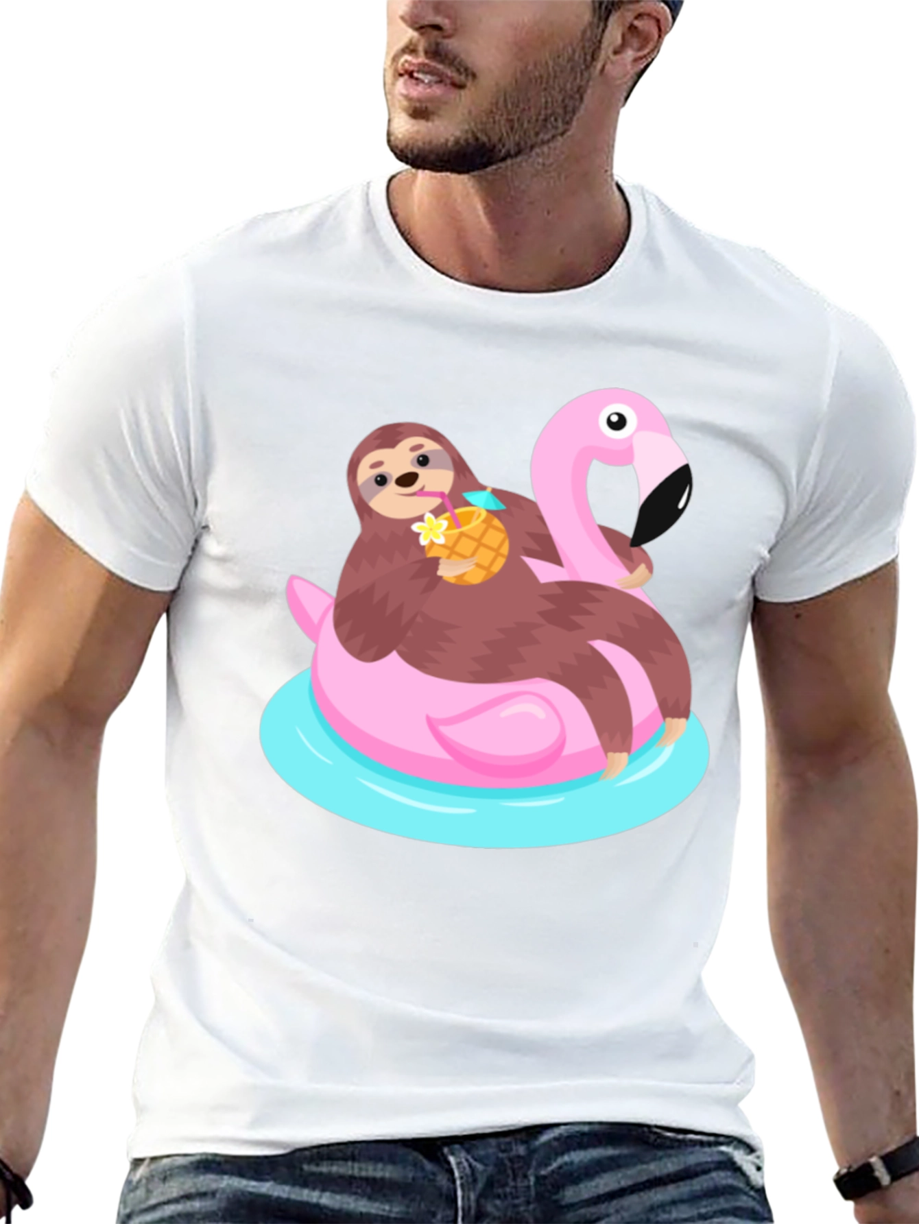 Black Sloth Flamingo Float T-Shirt - Relaxed Summer Vibes view 13