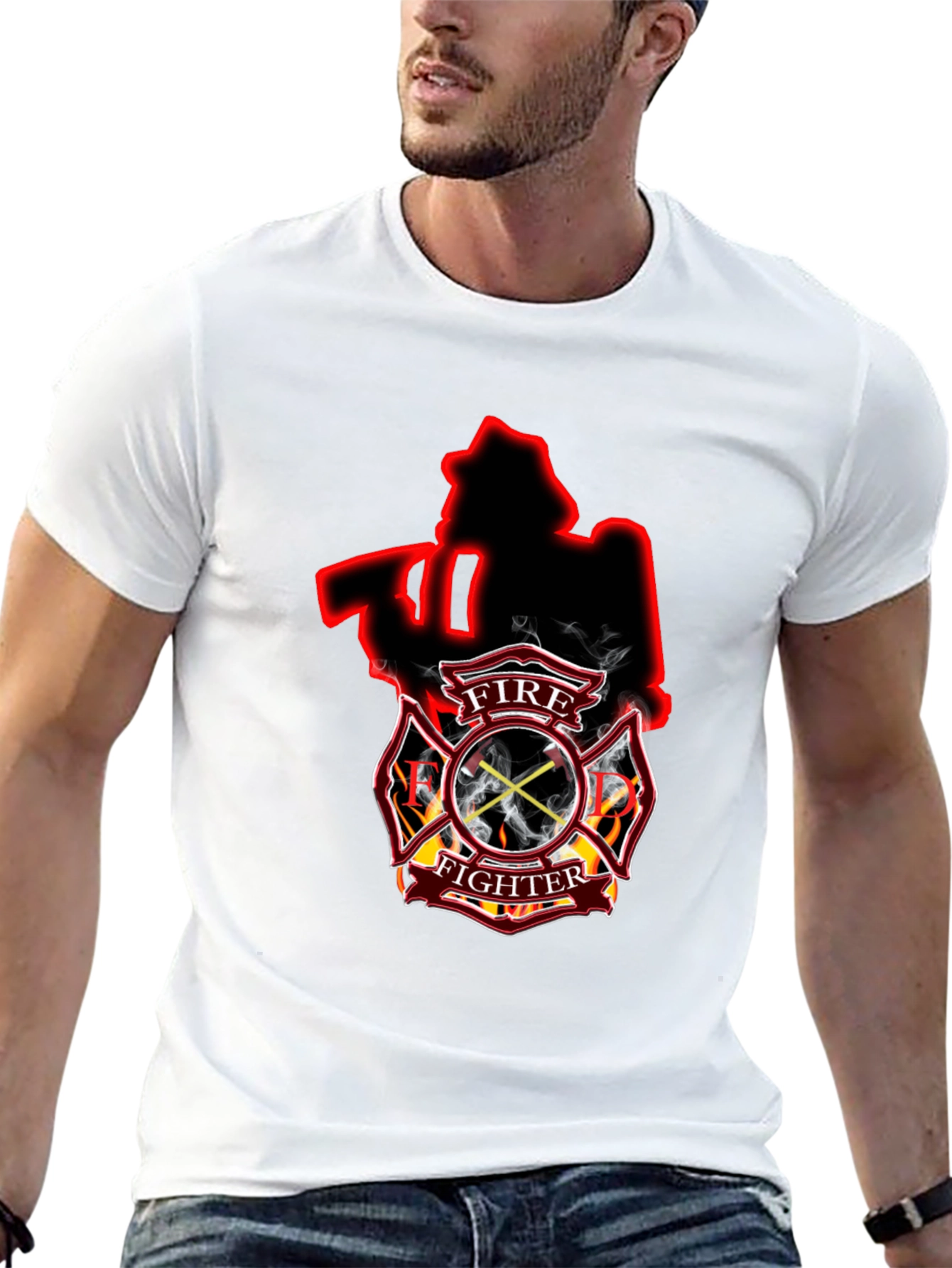Black Firefighter Axe Shield Black T-Shirt view 13