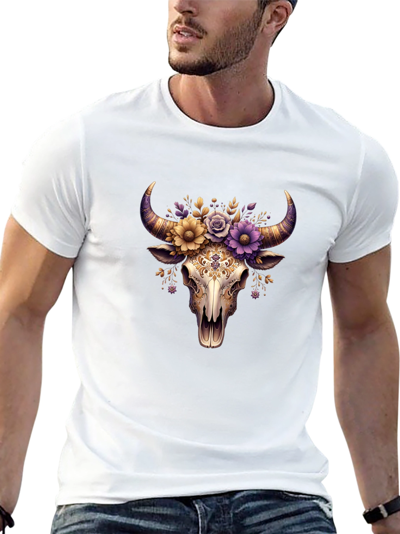 Black Floral Bull Skull Graphic Tee view 13