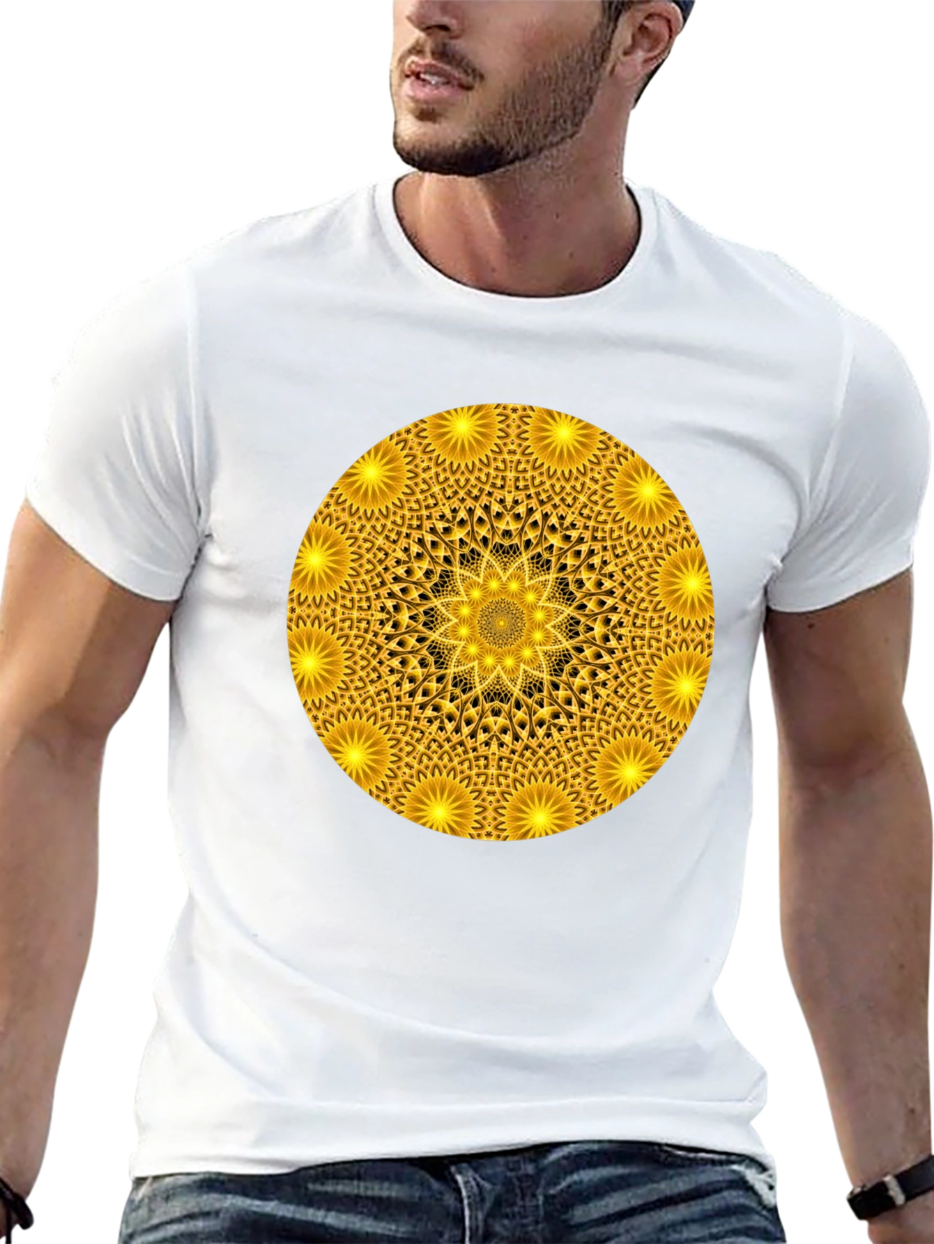 Black Golden Mandala Graphic T-Shirt - Black Crew Neck Tee view 13