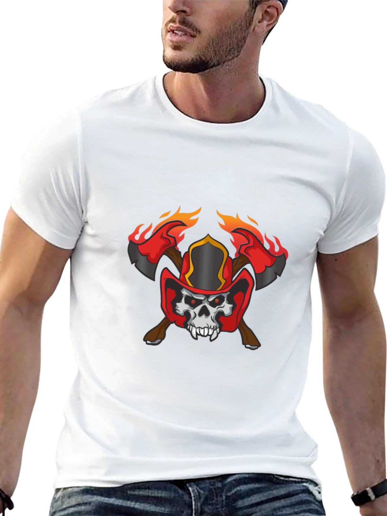 Black Skull Firefighter Axe Graphic T-Shirt view 13
