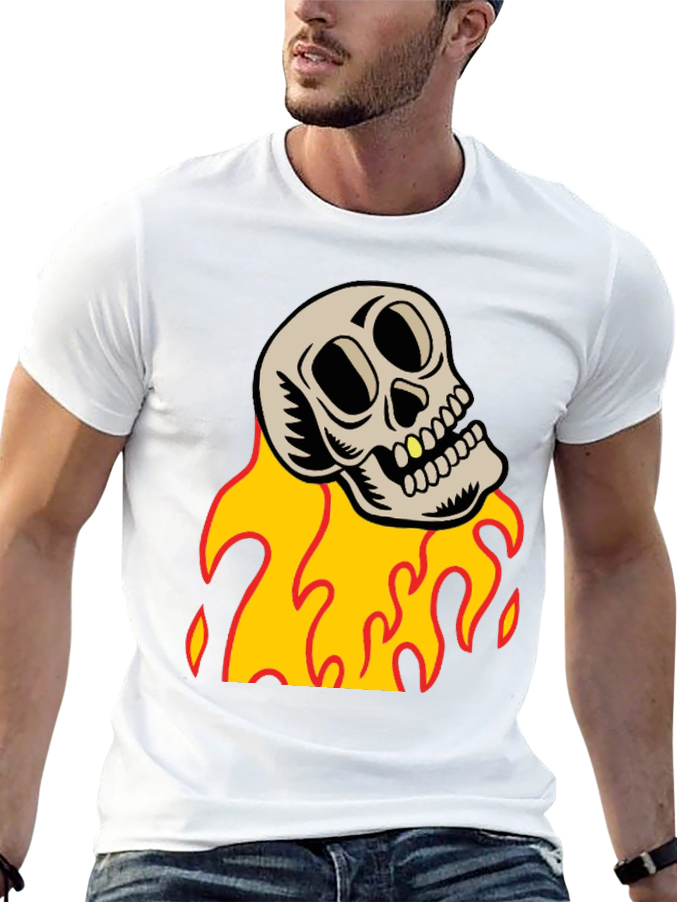 Black Skull on Fire Graphic Tee - Black Cotton T-Shirt view 13