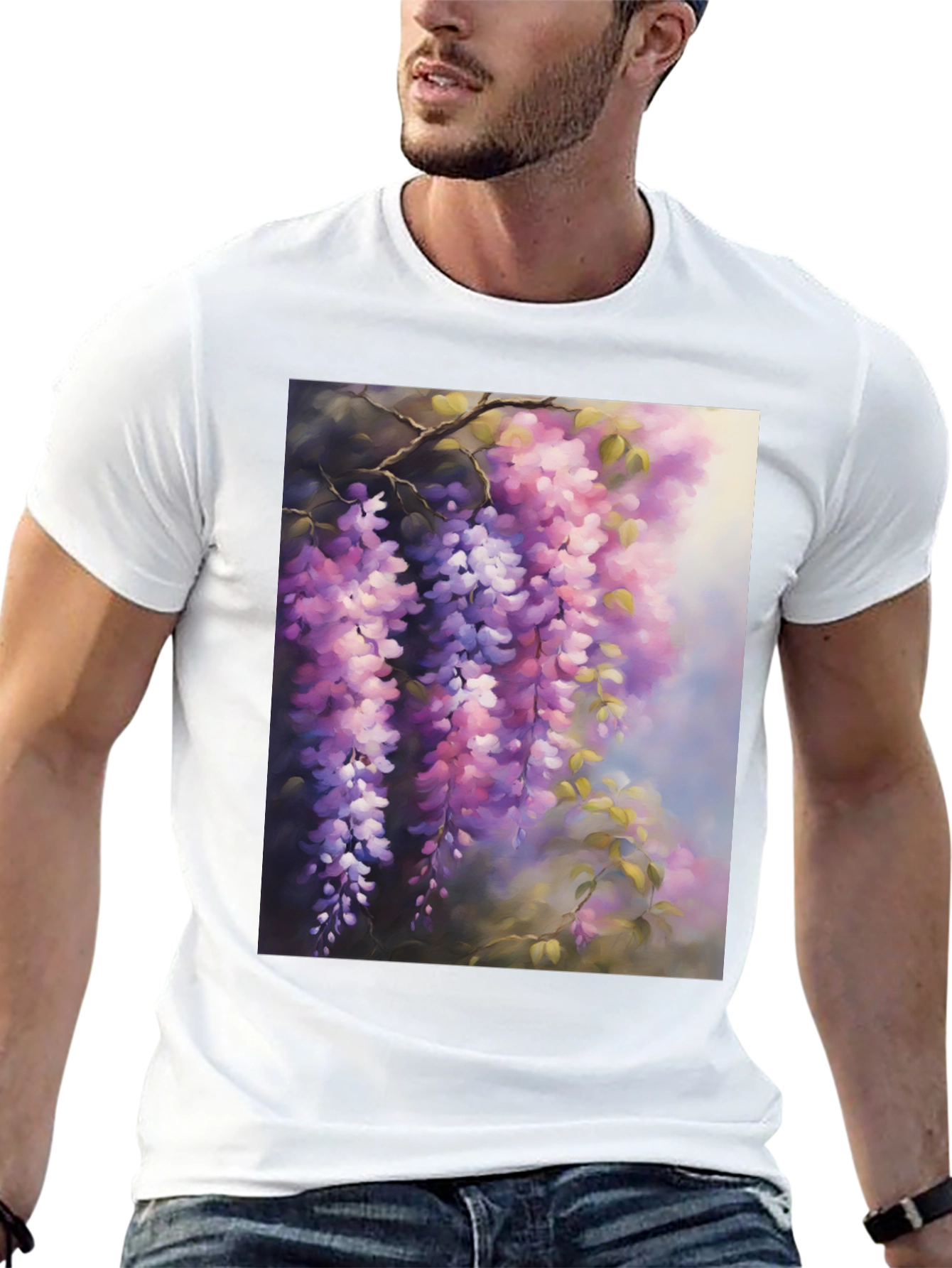 Black Floral Wisteria Print Black T-Shirt view 13