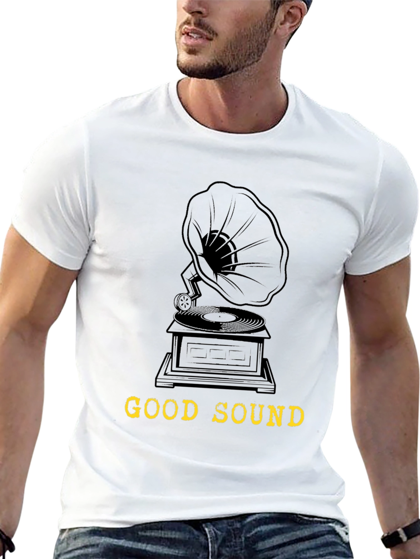 Black Vintage Gramophone "Good Sound" Black T-Shirt view 13
