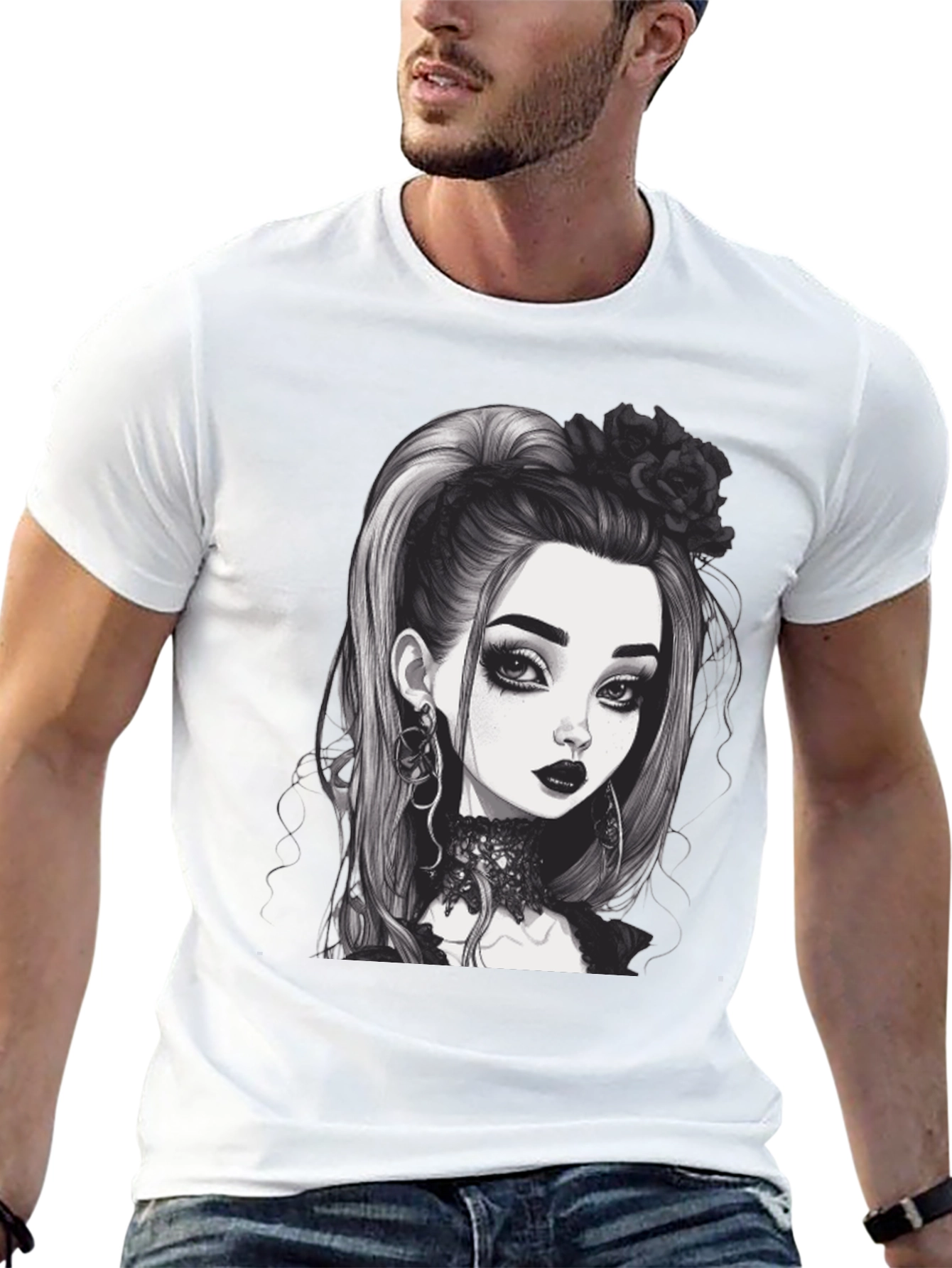 Black Gothic Girl Graphic Tee - Black Cotton T-Shirt view 13