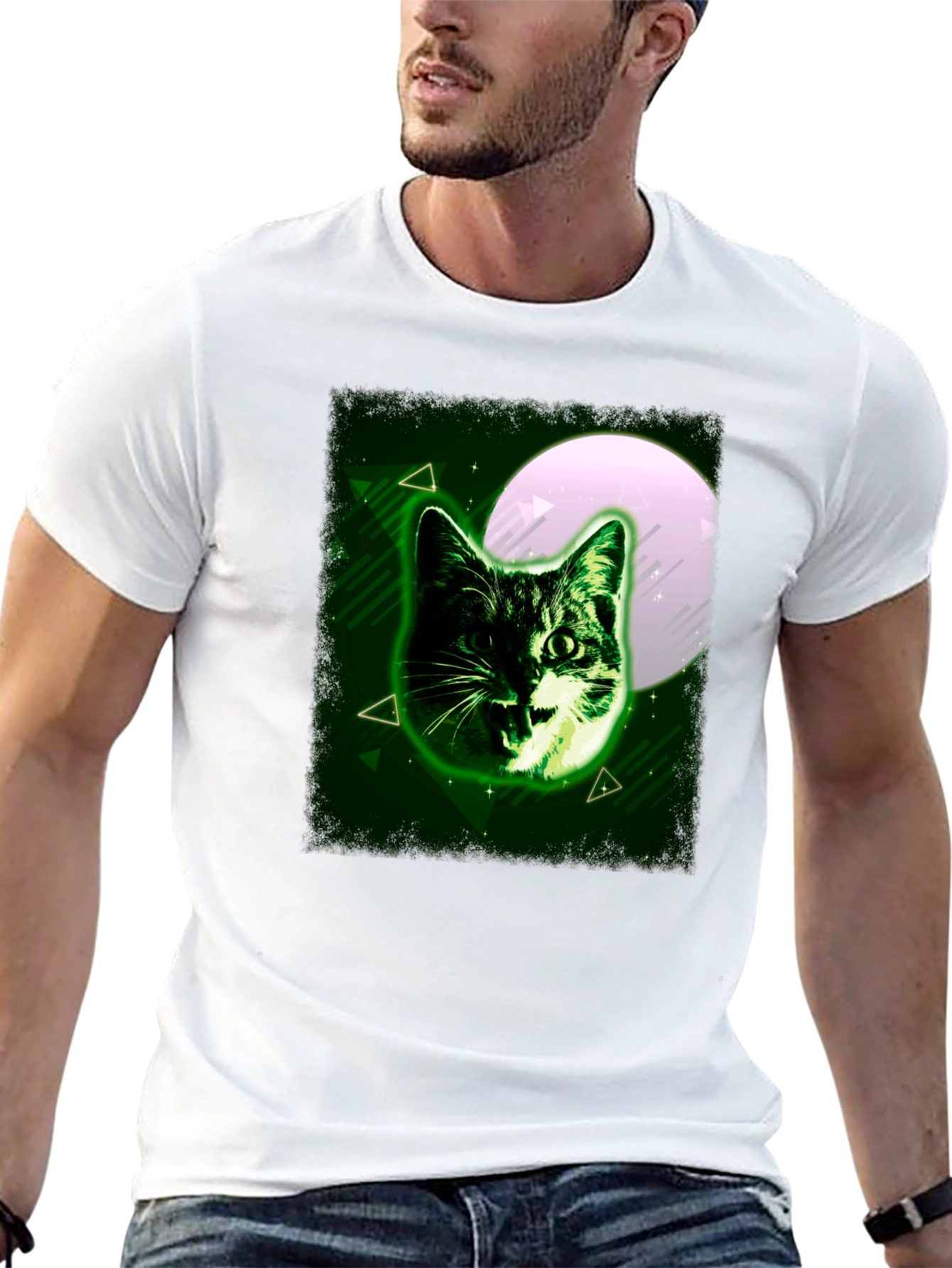 Black Green Cat Graphic Tee - Moonlit Feline Design view 13