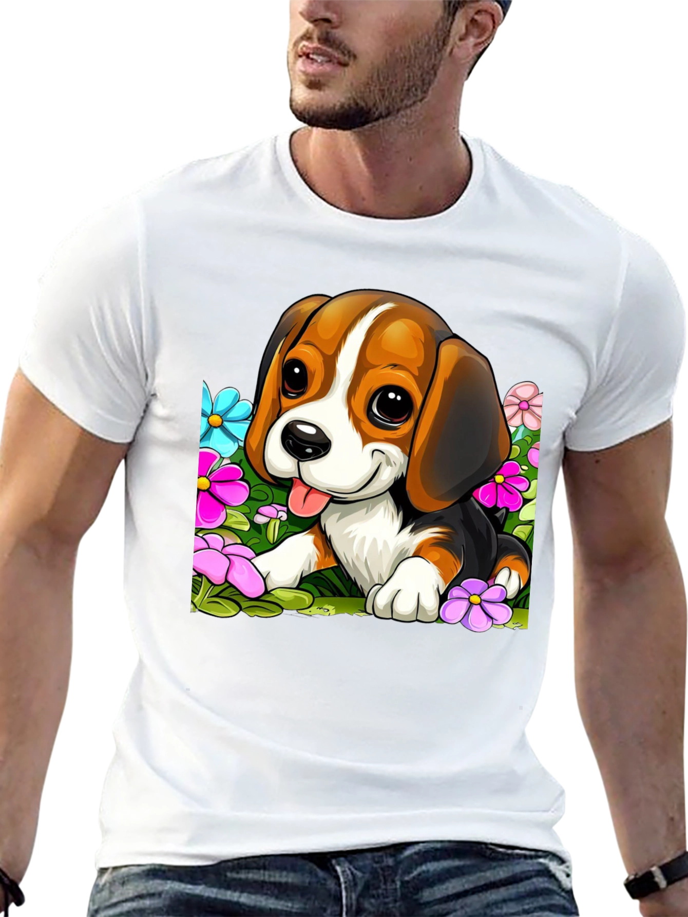 Black Cute Beagle Puppy in Flowers Black T-Shirt view 13