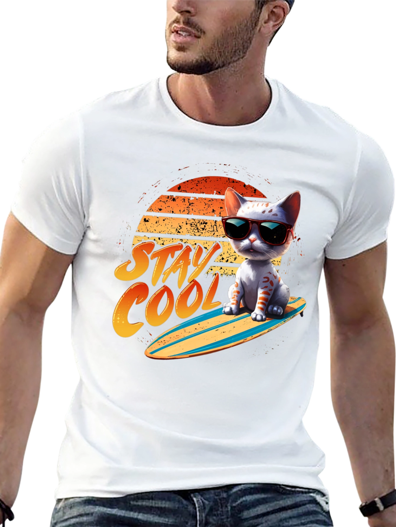 Black Cool Cat Surfboard T-Shirt view 13