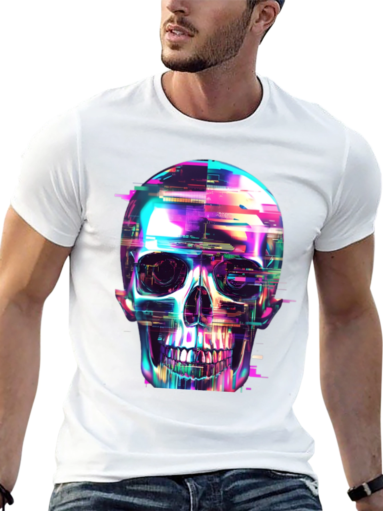 Black Cyberpunk Skull Graphic Tee - Black Cotton T-Shirt view 13