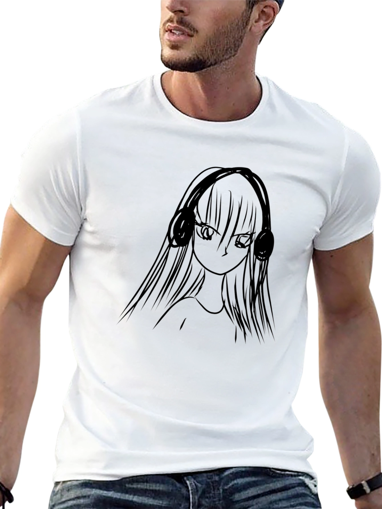 Black Anime Girl Headphones Black T-Shirt view 13
