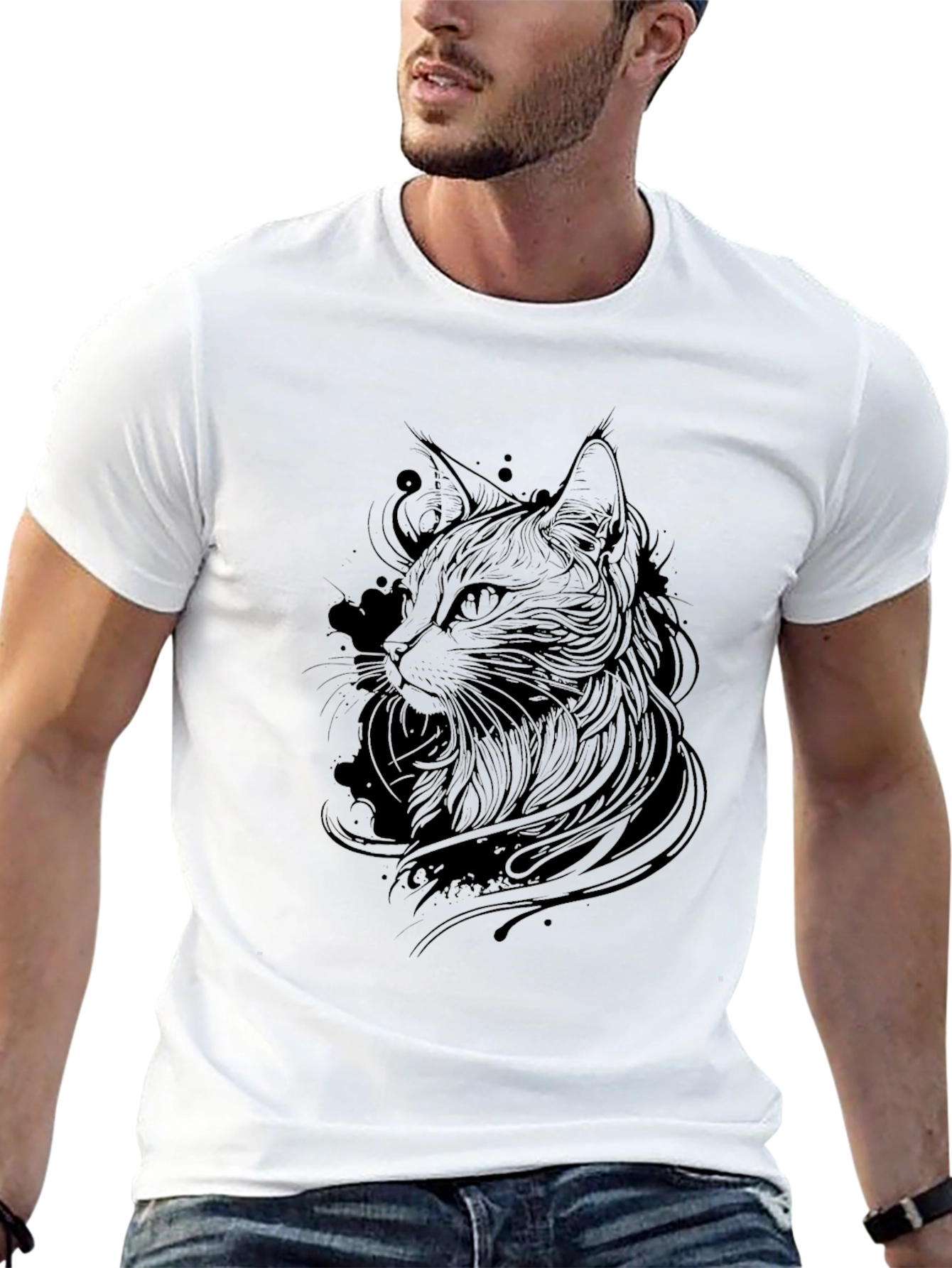 Black Black Cat Line Art Graphic Tee - Men's view 13