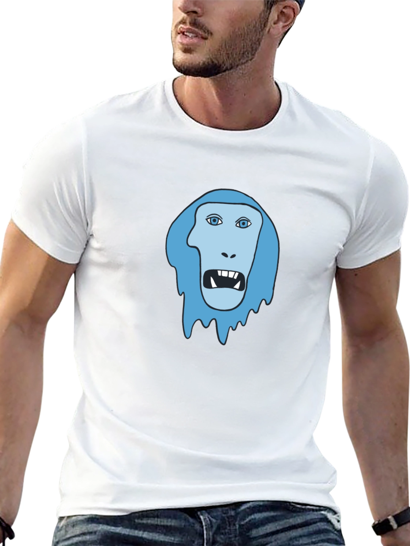Black Men's Black T-Shirt - Blue Monster Face Graphic view 13