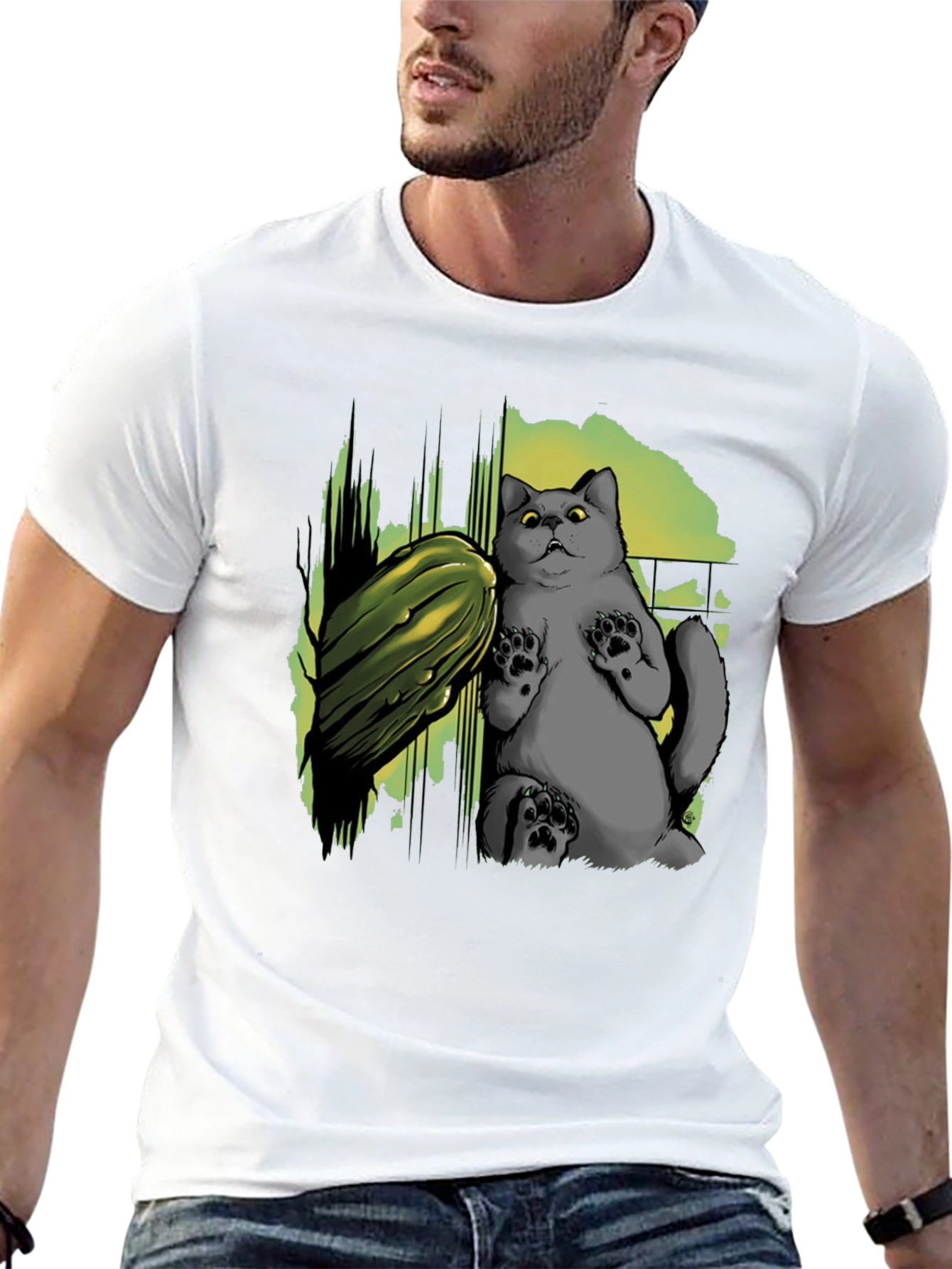 Black Funny Cat & Cucumber Graphic Tee - Black Cotton T-Shirt view 13