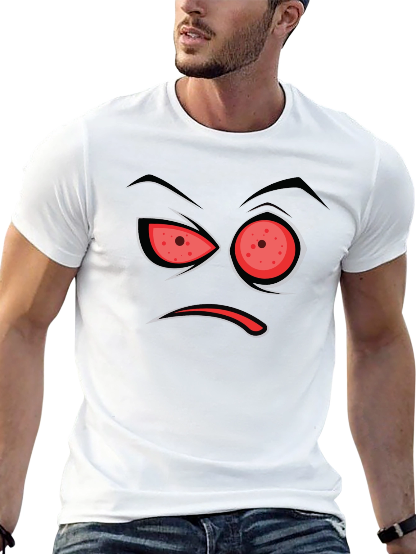 Black Men's Black T-Shirt with Angry Face Design view 13