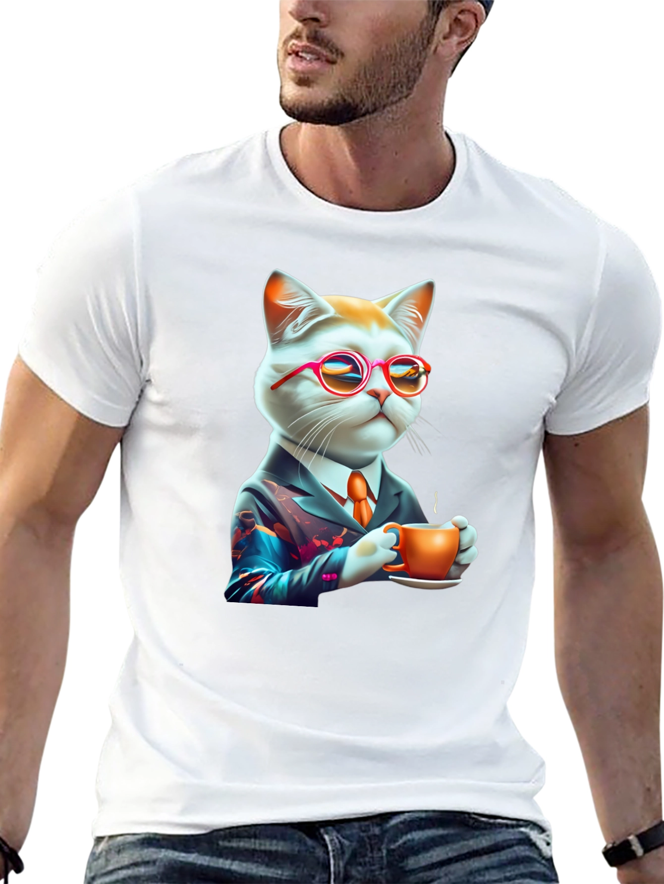 Black Cool Cat T-Shirt - Cat with Coffee view 13