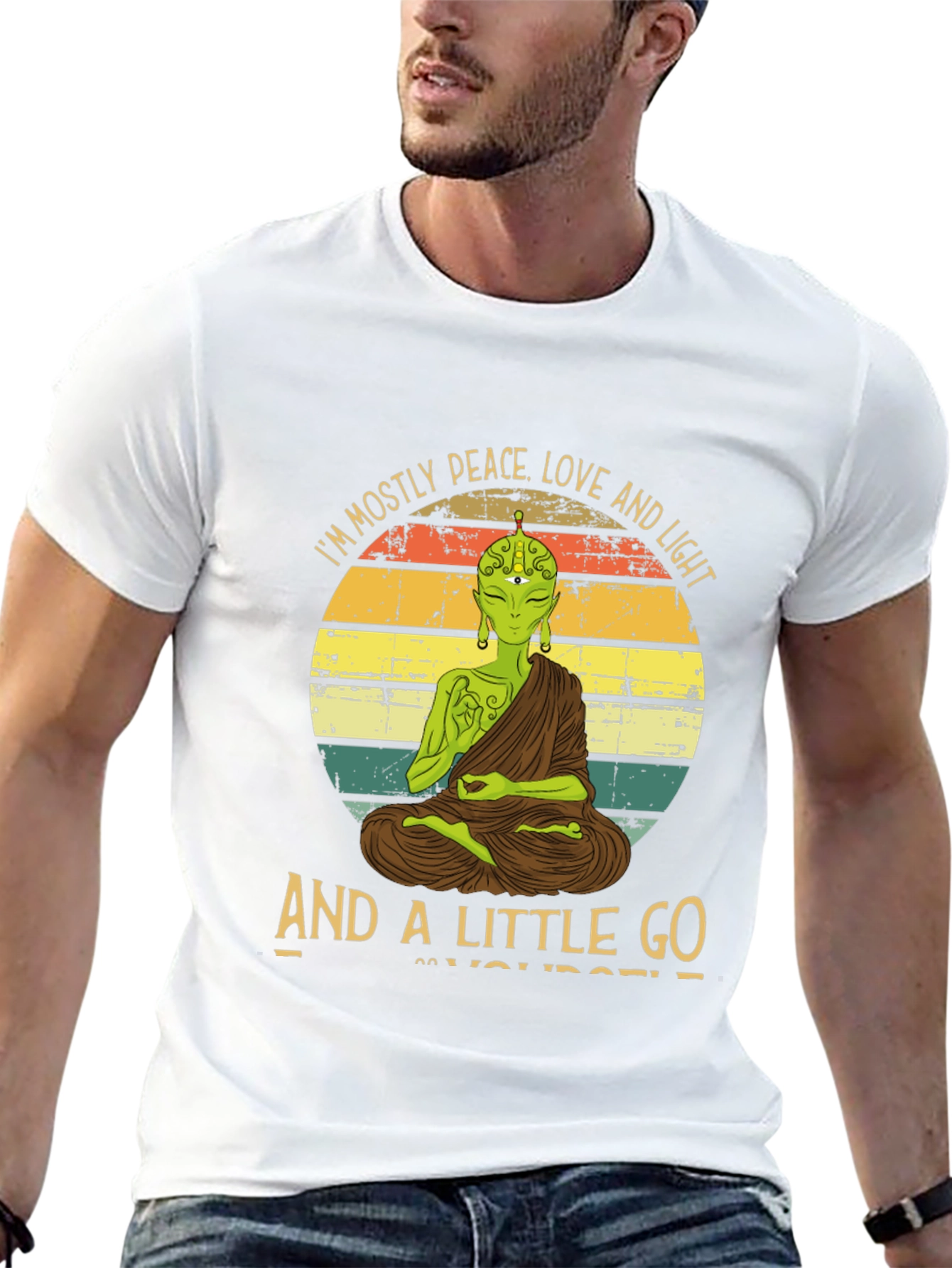 Black Peace Love and Light T-Shirt - Alien Buddha view 13