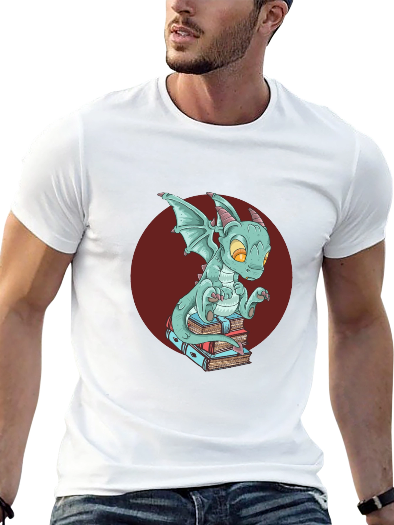 Black Dragon on Books T-Shirt - Black Graphic Tee view 13