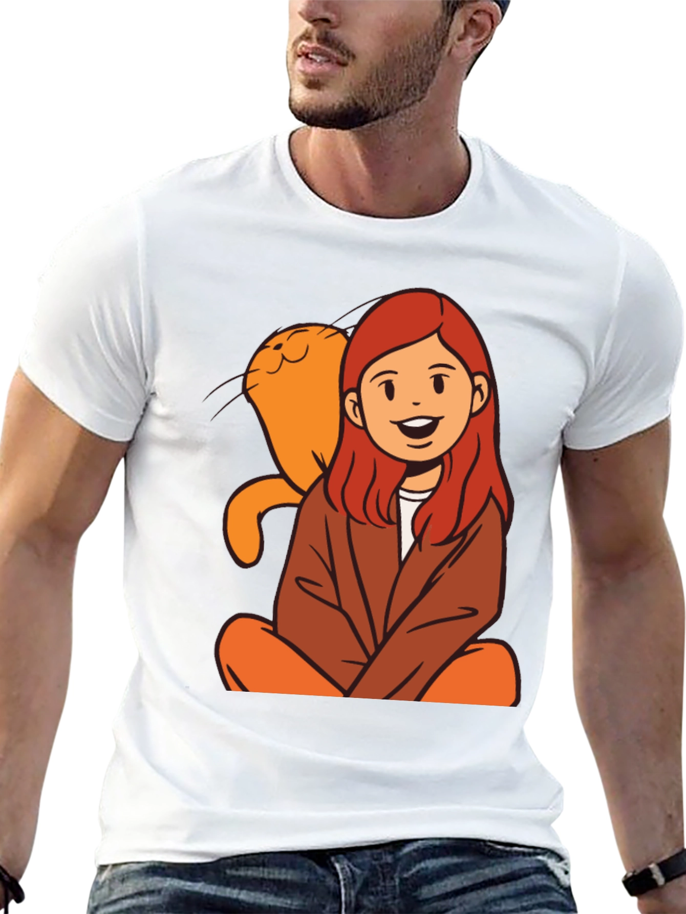 Black Cartoon Girl & Cat Graphic Black T-Shirt view 13