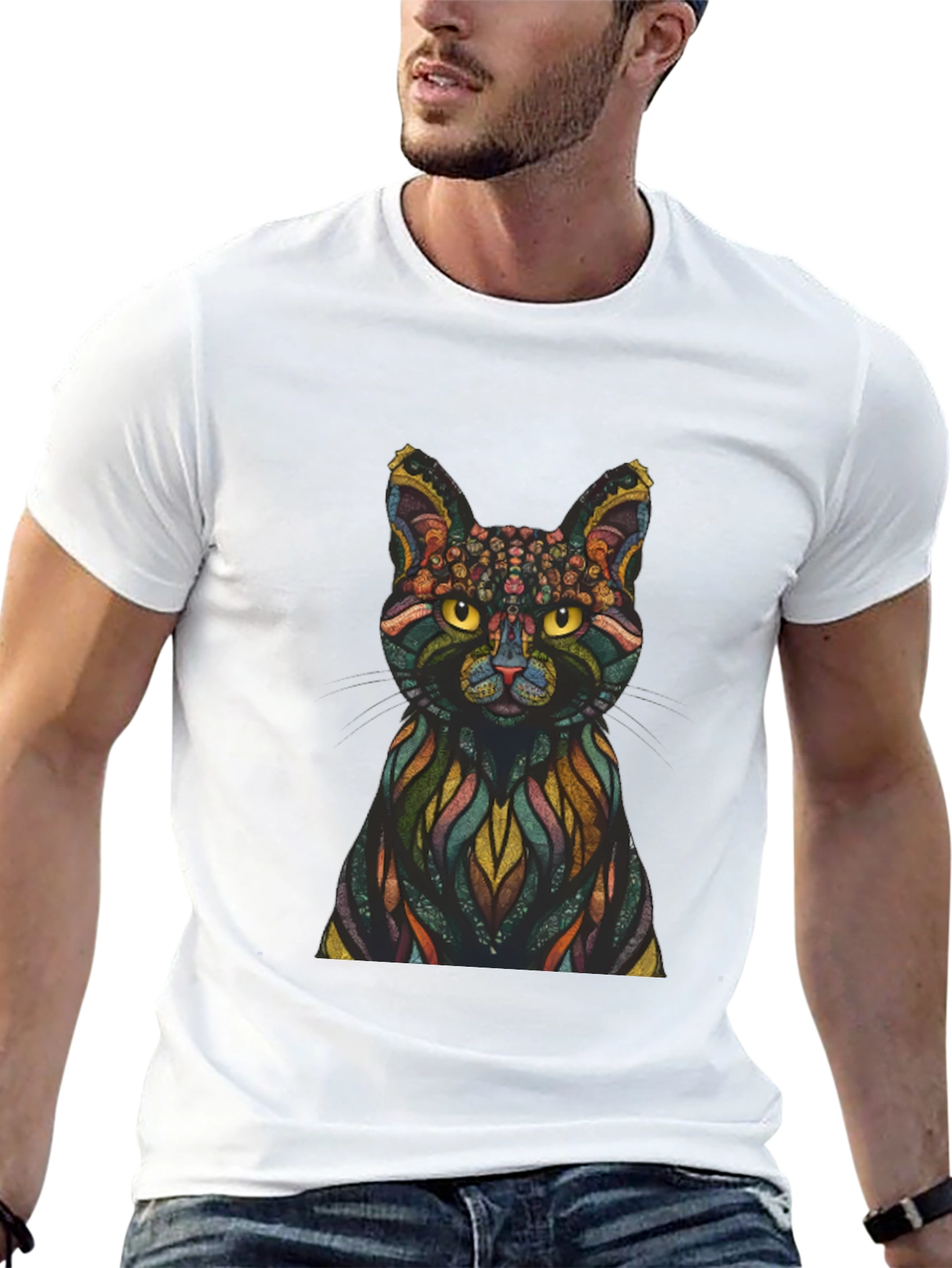 Black Abstract Cat Graphic Print T-Shirt view 13