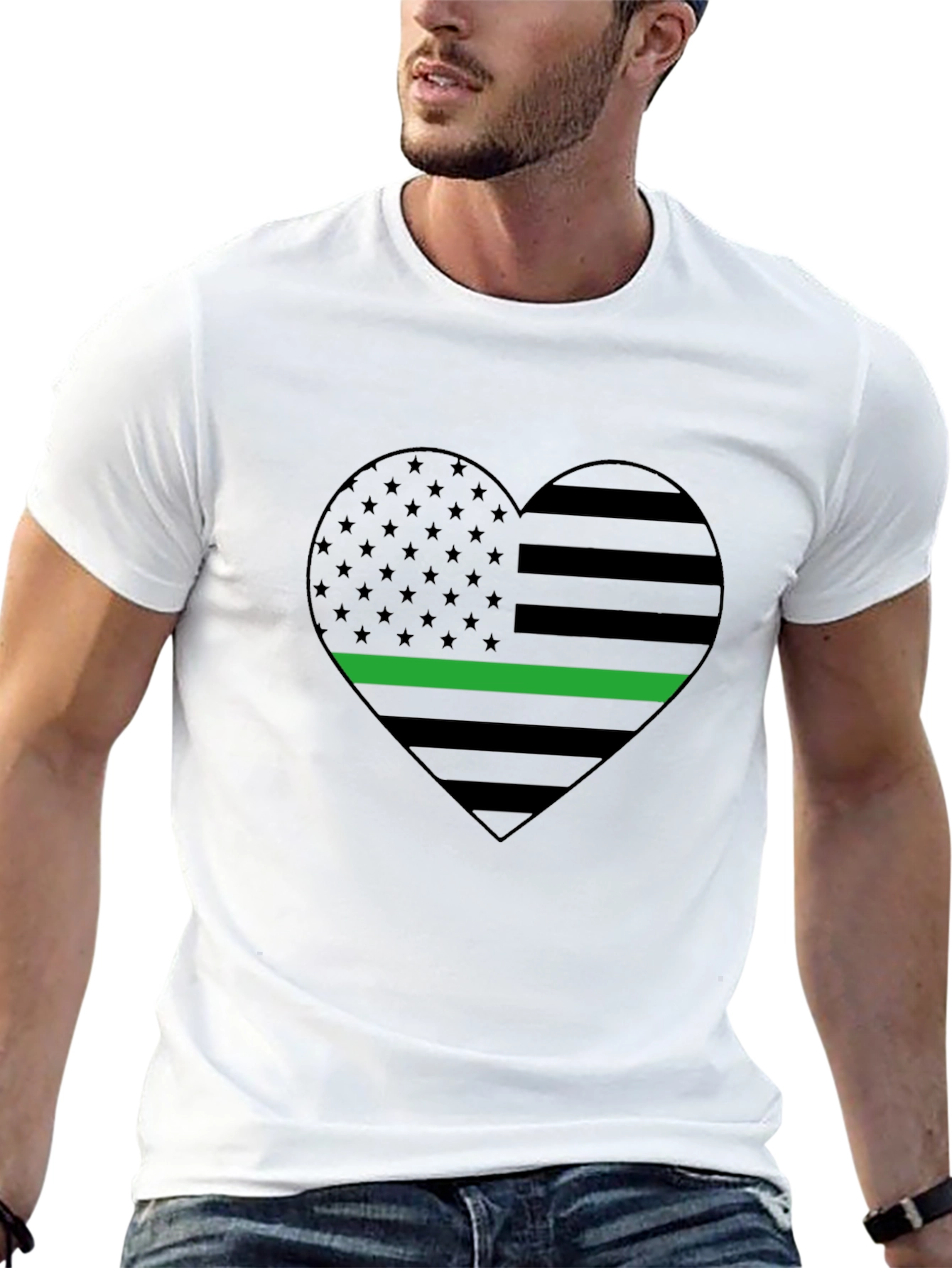 Black Thin Green Line Heart Flag T-Shirt - Support Military view 13