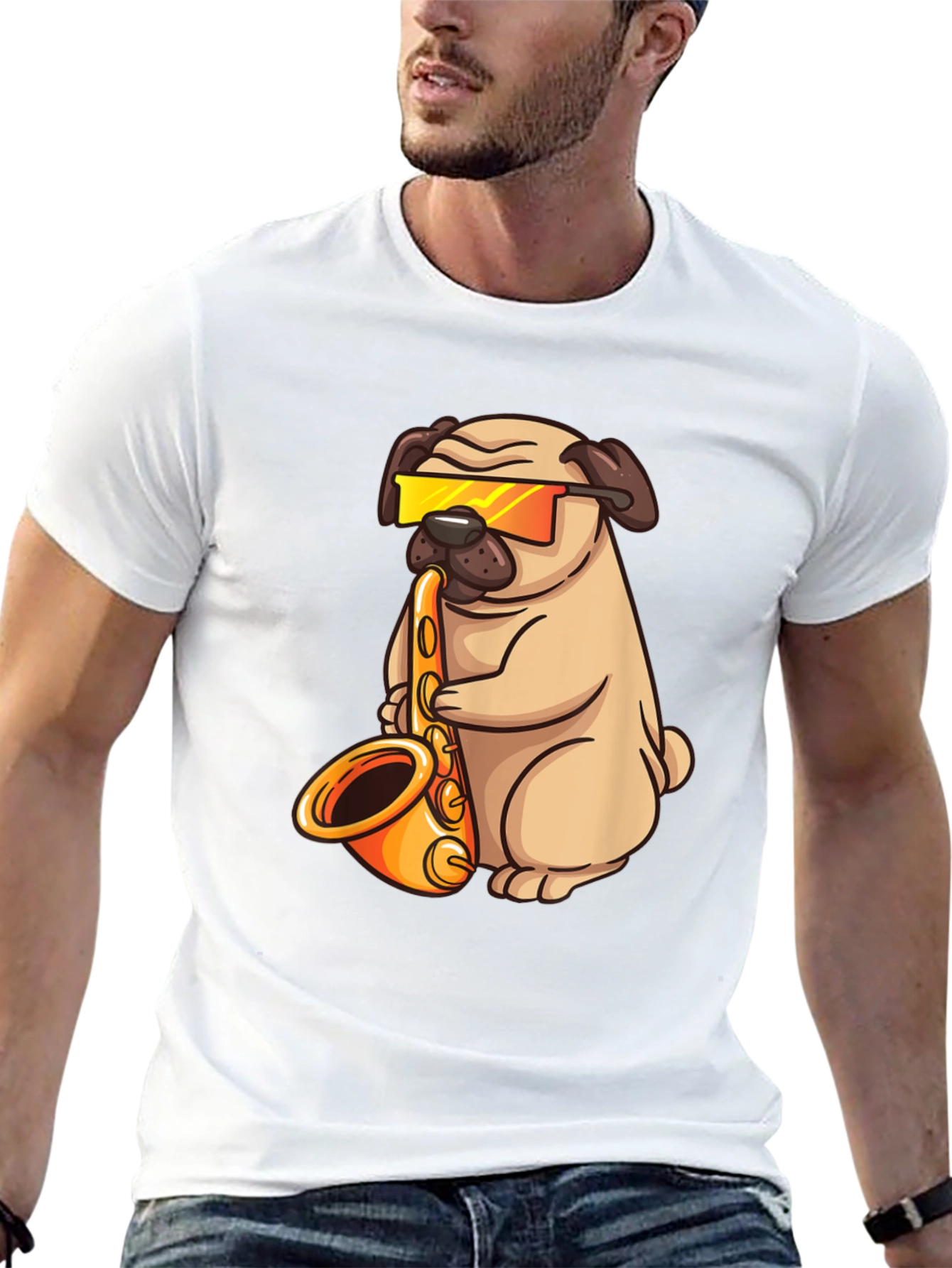 Black Saxophone Pug T-Shirt - Cool Dog Graphic Tee view 13