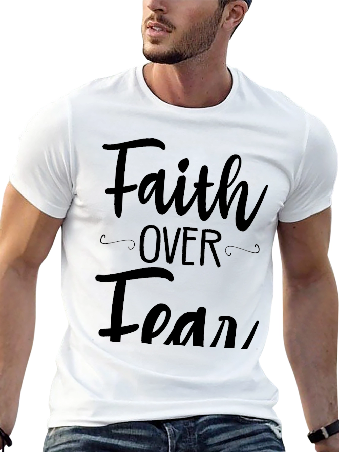 Black Faith Over Fear Graphic T-Shirt, Mens Casual Top view 13