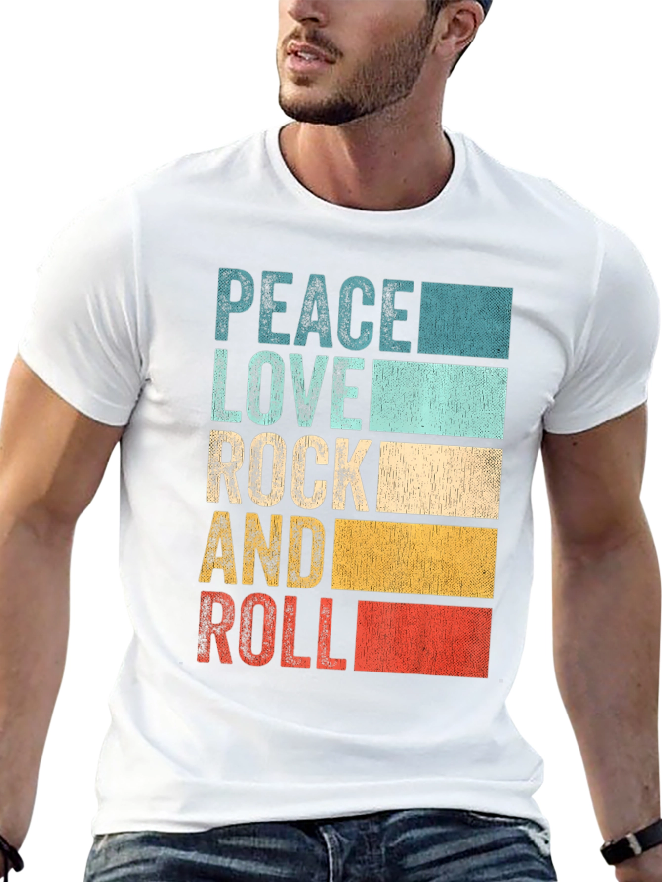 Black Retro Peace Love Rock & Roll Graphic T-Shirt view 13