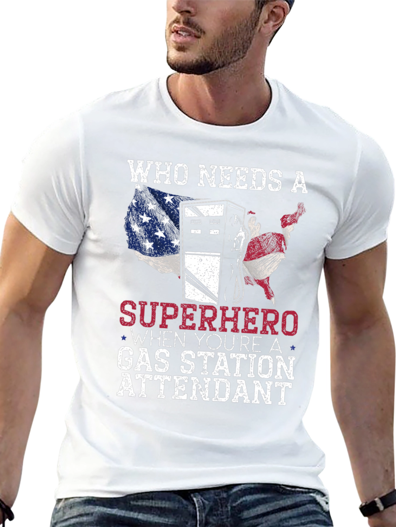 Black Gas Station Attendant Superhero Graphic T-Shirt view 13