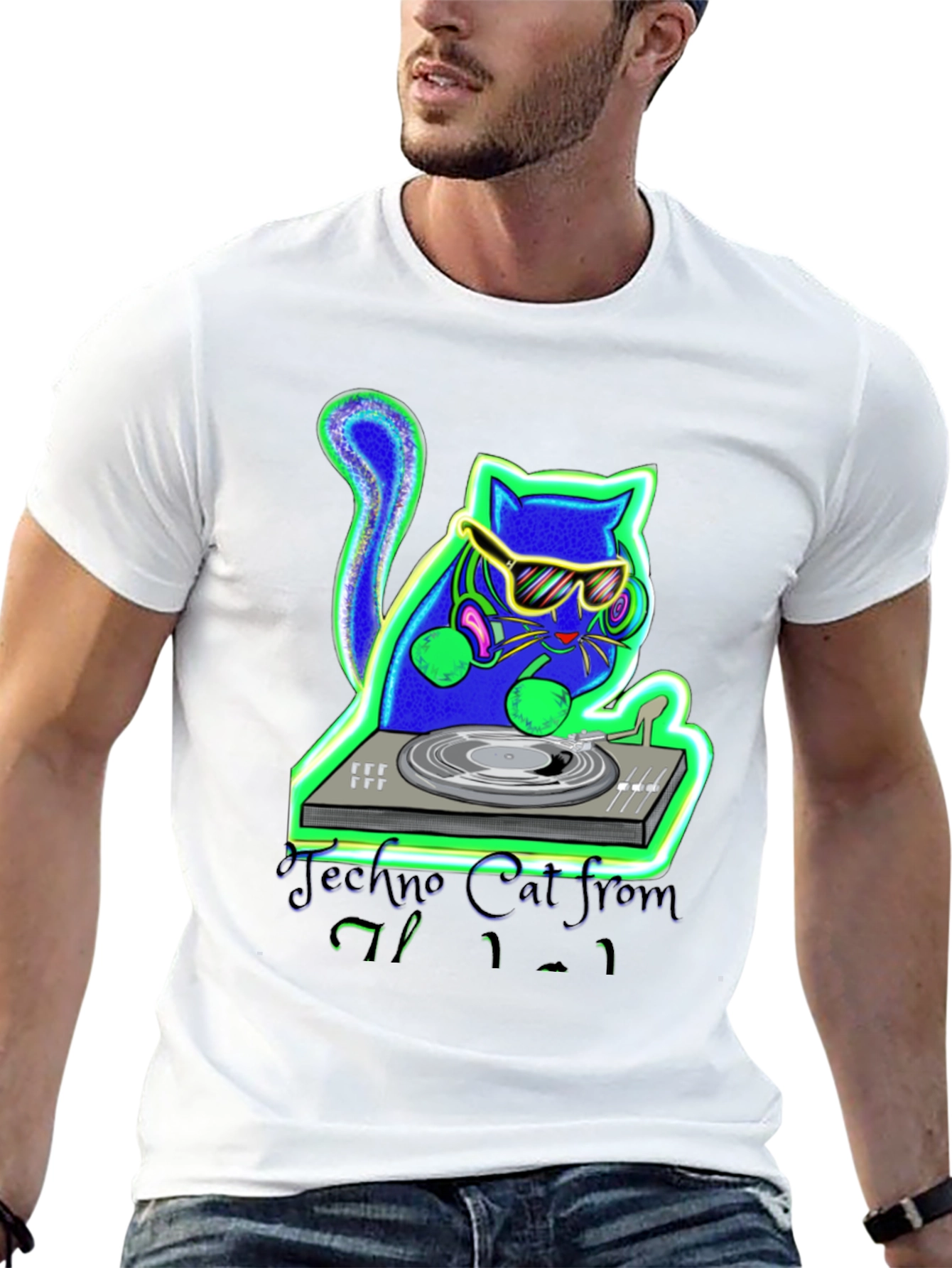 Black Techno Cat DJ Graphic T-Shirt view 13