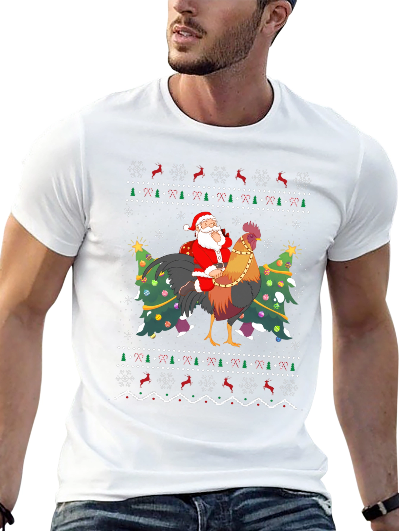 Santa Riding Rooster Ugly Christmas T-Shirt - 13