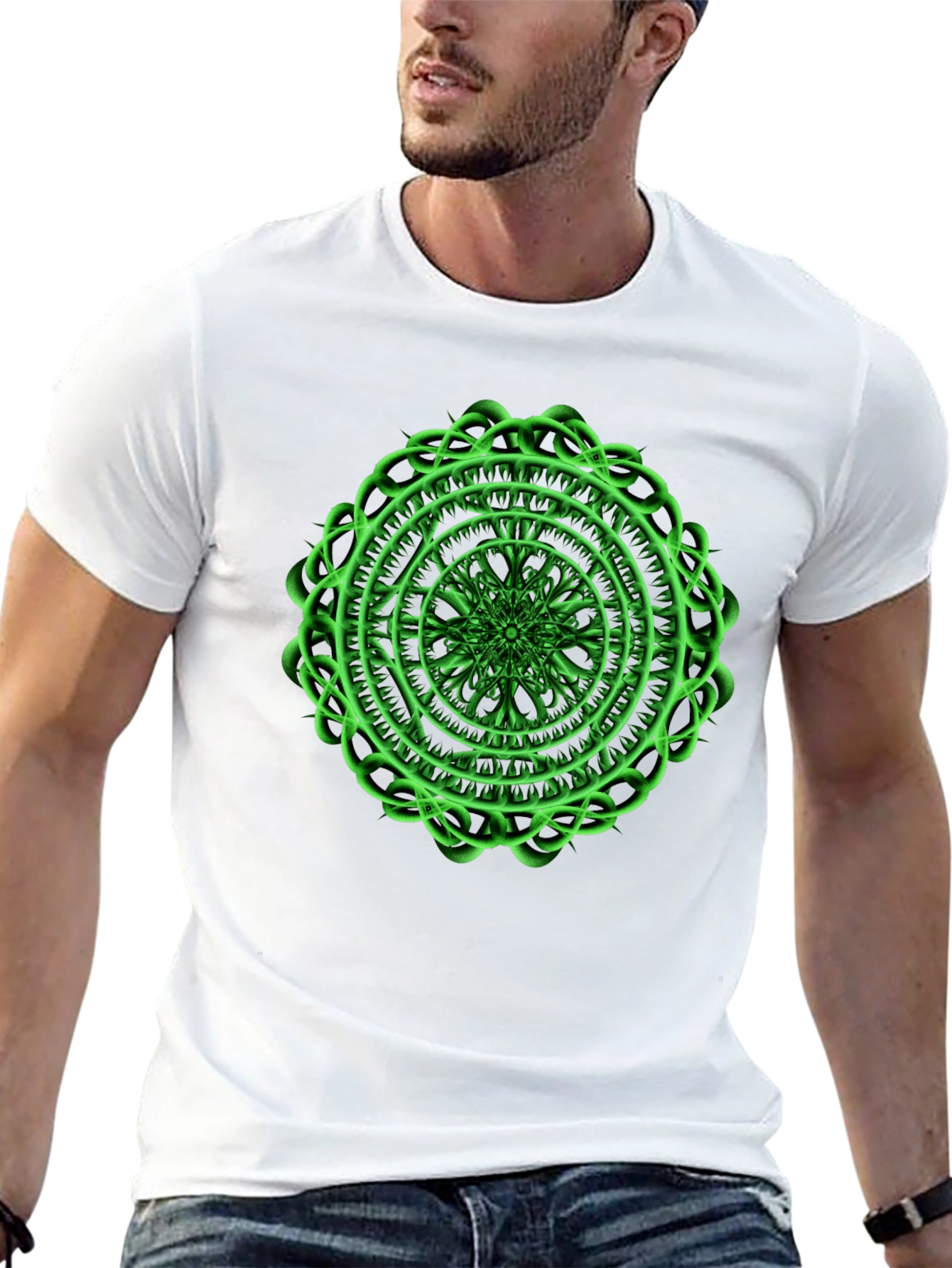 Black Men's Black T-Shirt with Green Mandala Design view 13